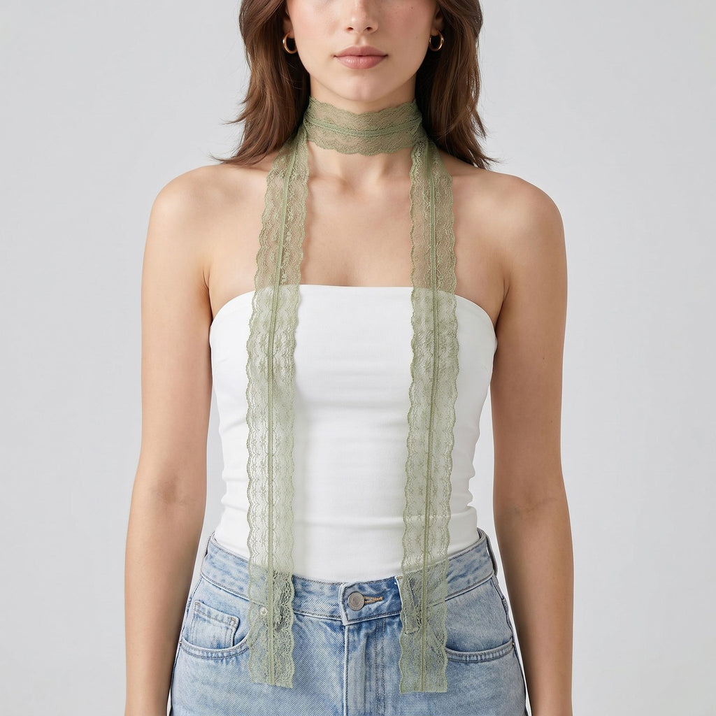 Sheer Lace Skinny Scarf with Scalloped Edges and Long Narrow Neck Tie Design