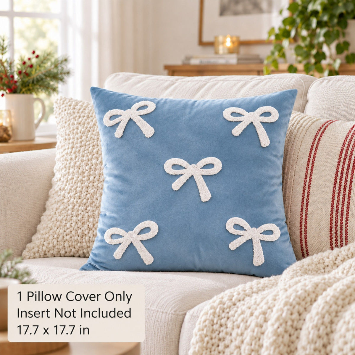 1 Piece Decorative Bow Throw Pillow Cover Soft Velvet Christmas Accent 18 x 18 Inch