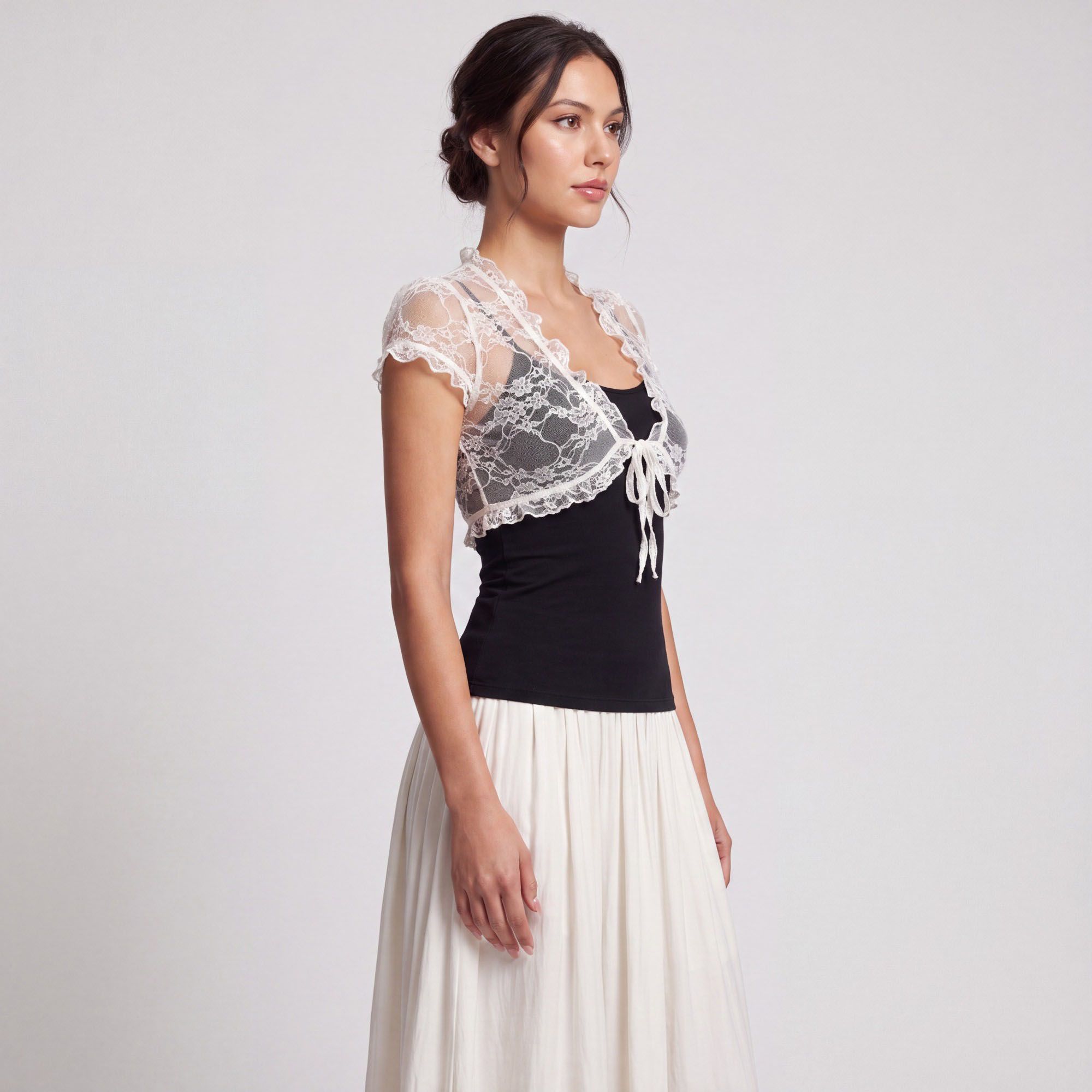 2-Piece Set Sheer Floral Lace Tie-Front Cropped Bolero Shrug and V-Neck Camisole Top