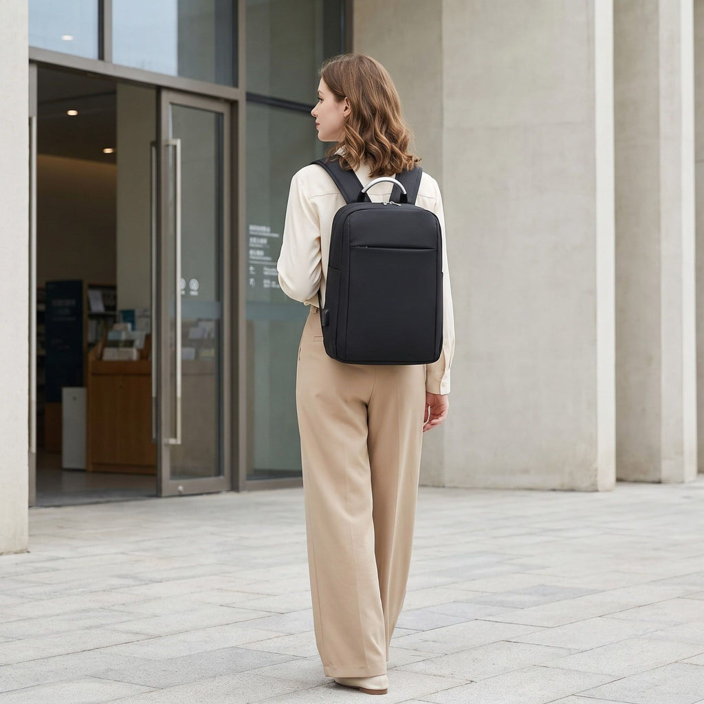Modern Business Laptop Backpack - Sleek Commuter Daypack with Metallic Handle for Office, School, and Travel