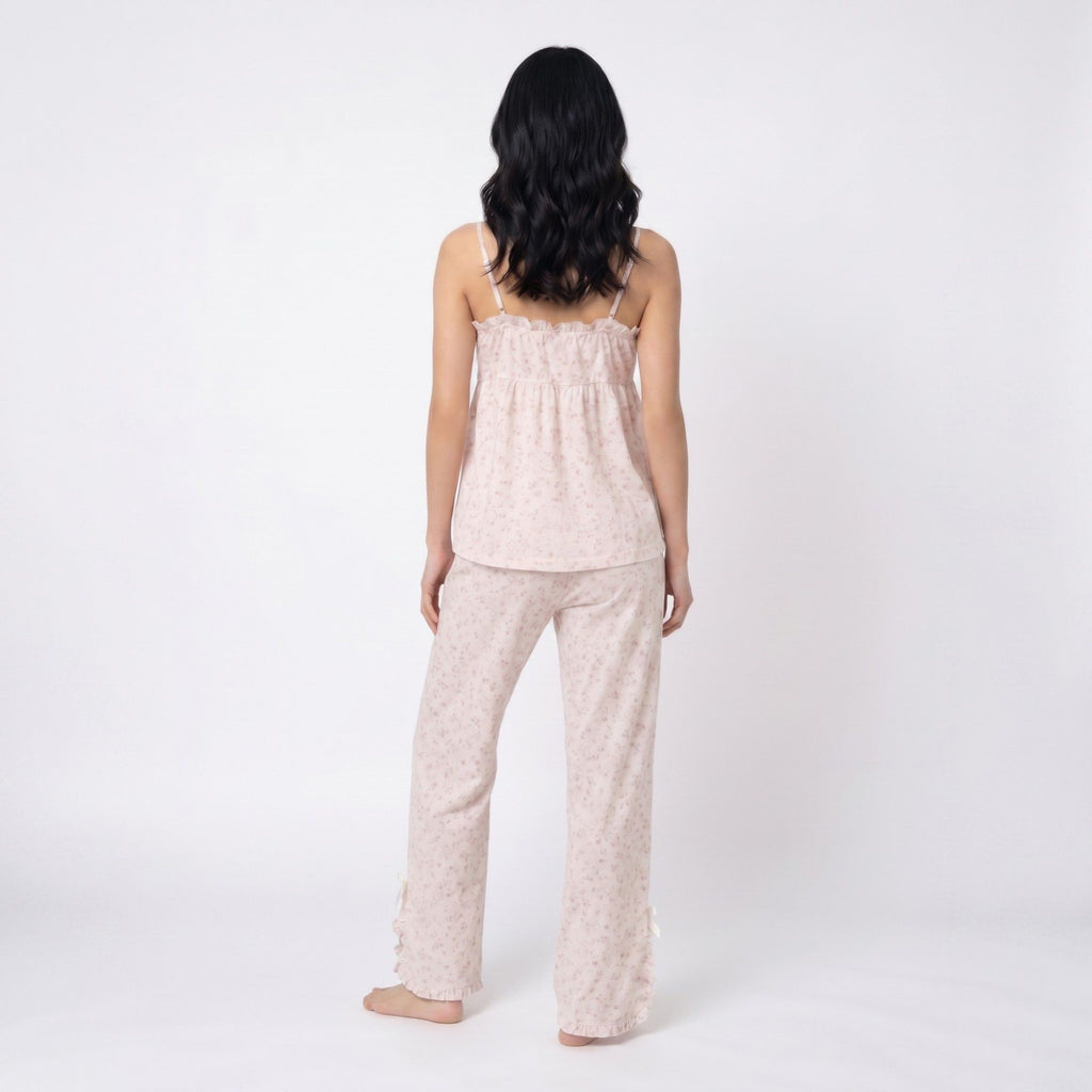 2-Piece Floral Ruffle Cami Top and Wide Leg Pants Sleepwear Lounge Set with Bow Detail and Relaxed Fit