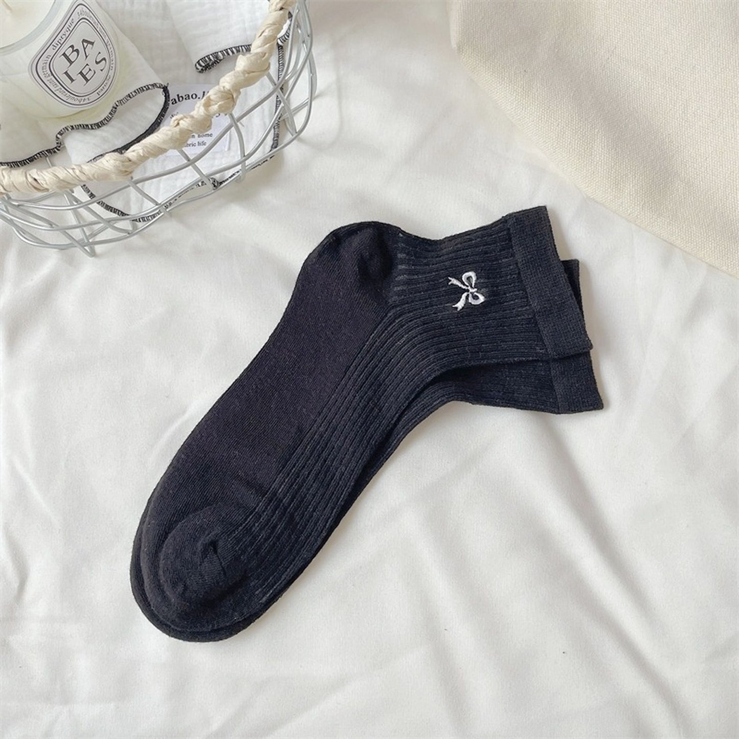 Anna-Kaci Women's Summer Ribbed Ankle Socks with Bow Embroidery