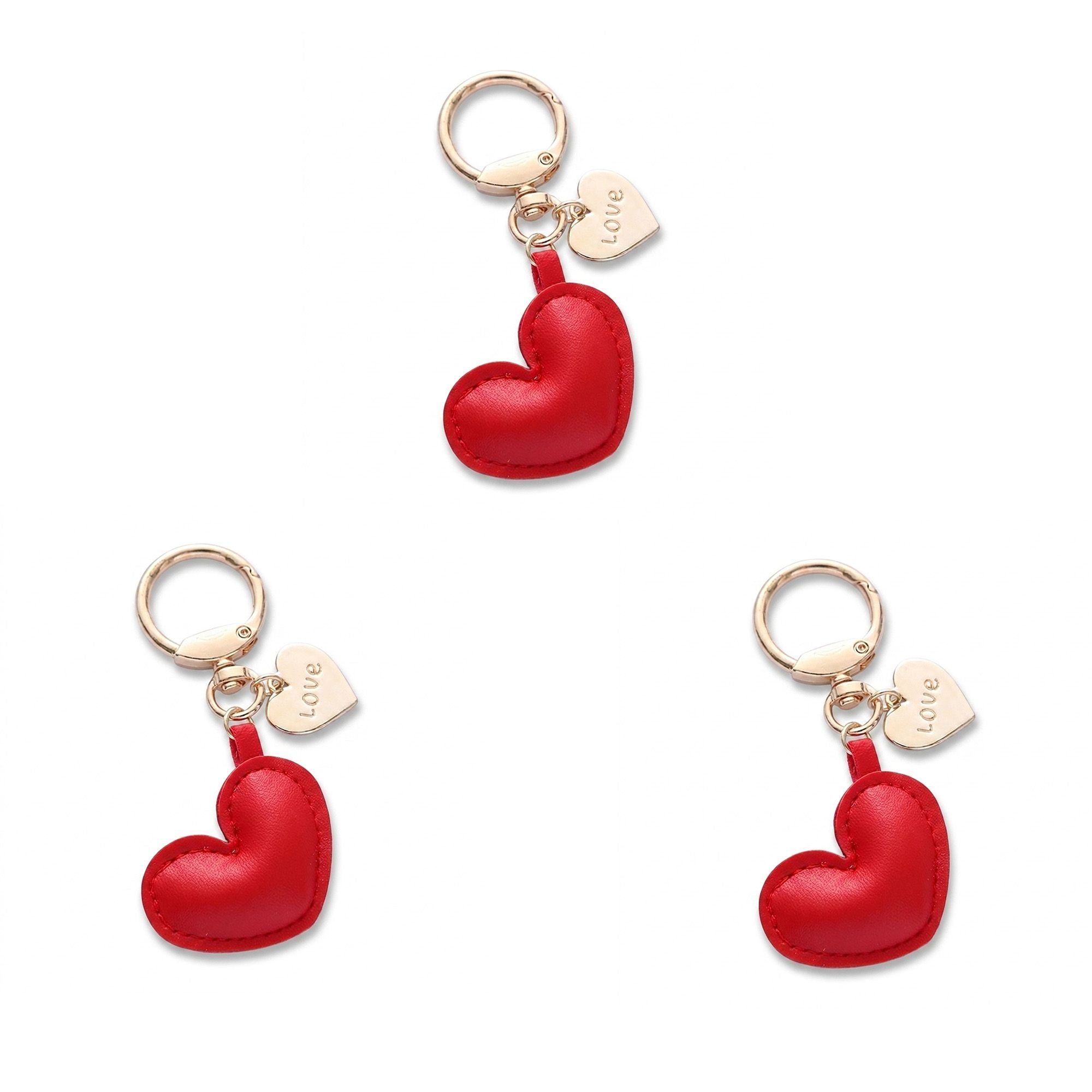 3 Pack Heart Keychains with Love Charm and Gold Tone Ring Clip