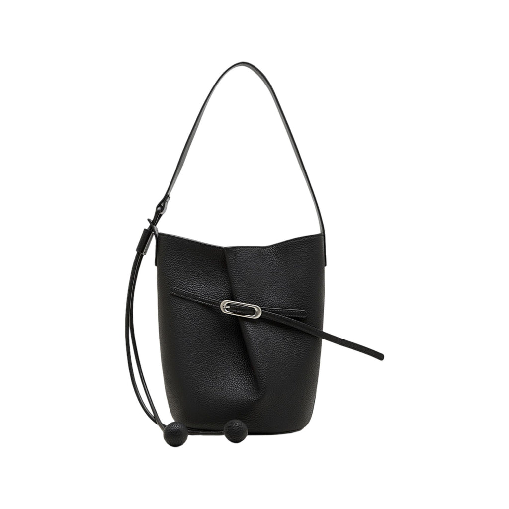 Pebbled Leather Bucket Shoulder Tote with Adjustable Buckle Accent and Open Top Design