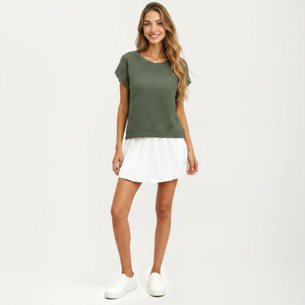 Anna-Kaci Women's Short Sleeve Textured Knit Top with Crew Neck Ribbed Trim and Relaxed Fit