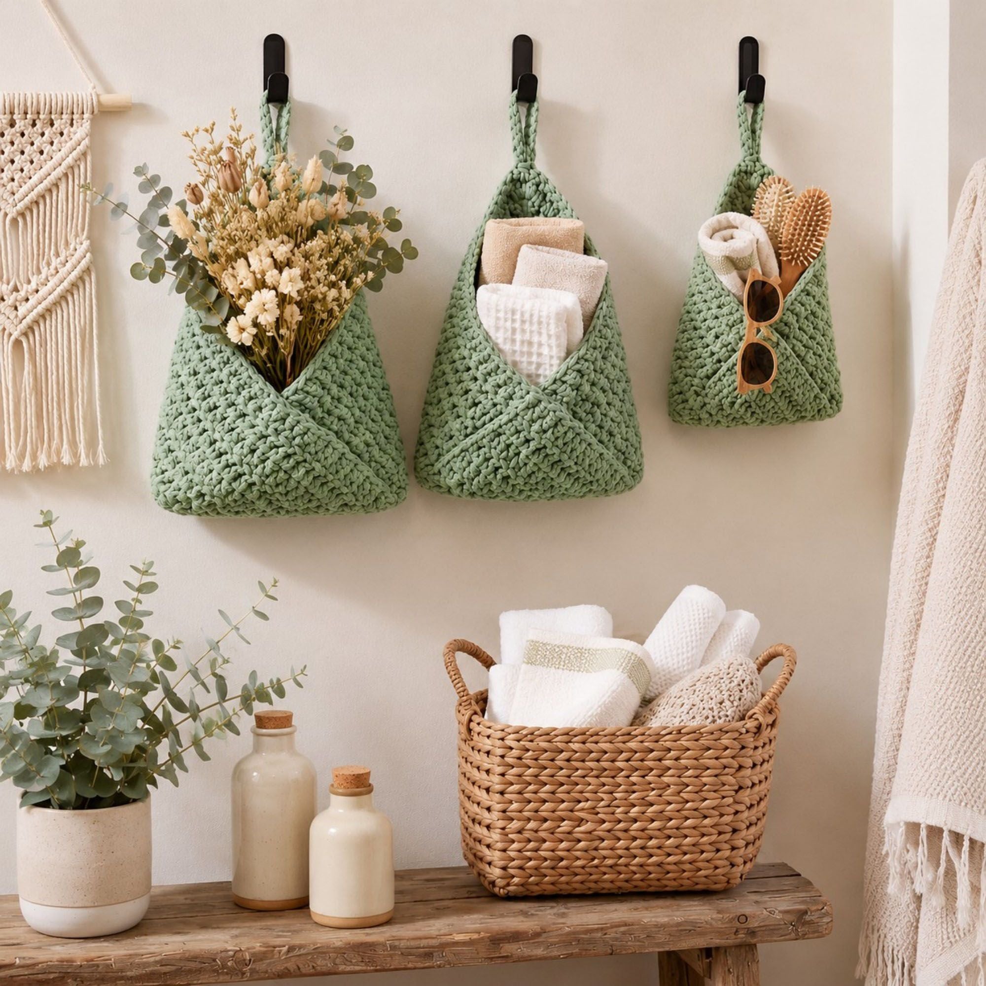 Woven Cotton Rope Hanging Basket Set Wall Storage Organizer with Hooks
