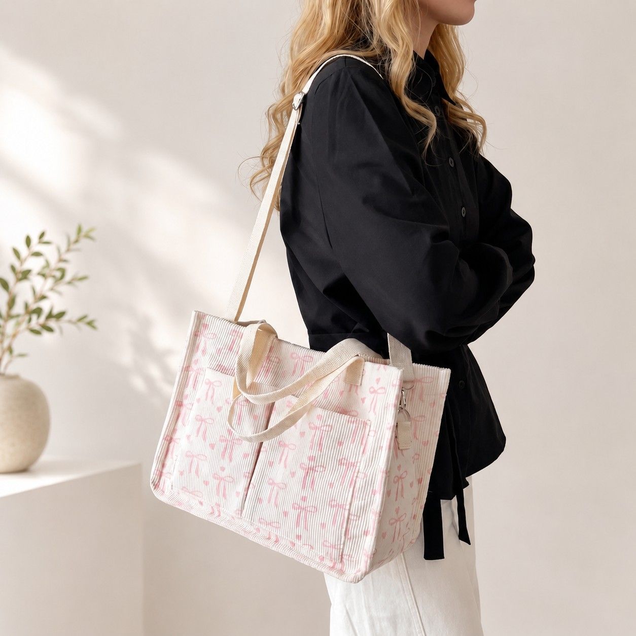 Canvas Tote Bag with Bow Print Large Capacity Lightweight Adjustable Shoulder Bag