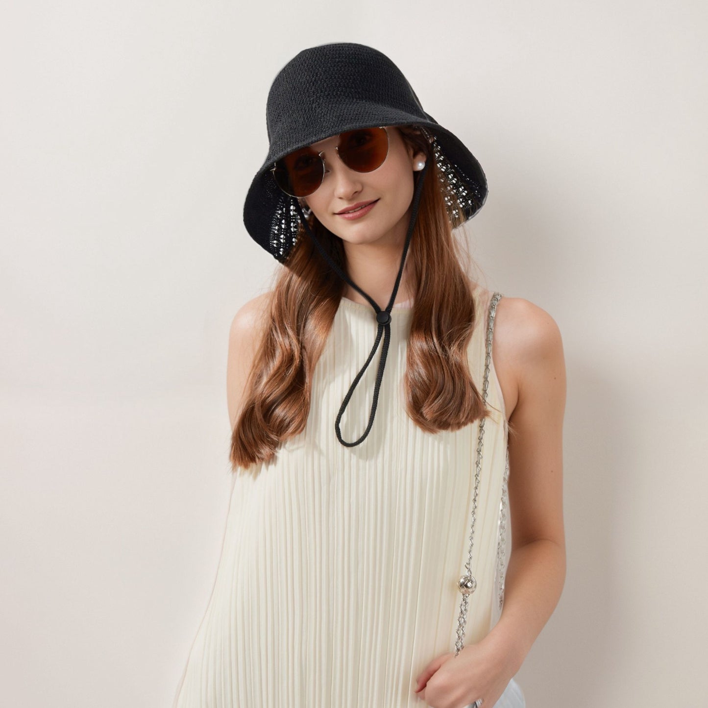 Anna-Kaci Crochet Bucket Hat with Adjustable Chin Strap and Back Button Eyelet Panel for Sun Protection