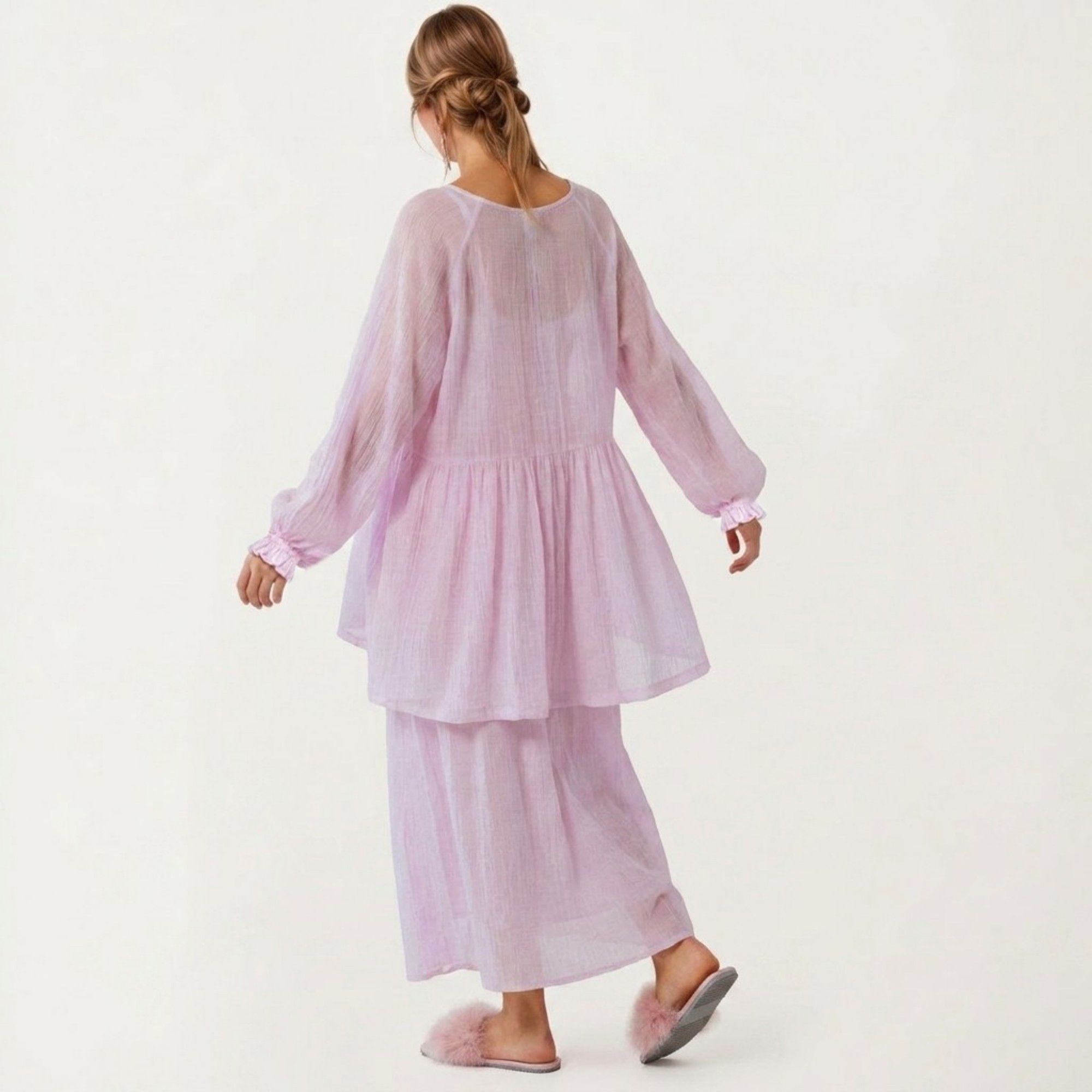 2-Piece Set Square Neck Nightgown and Long Sleeve Robe Pajama Set