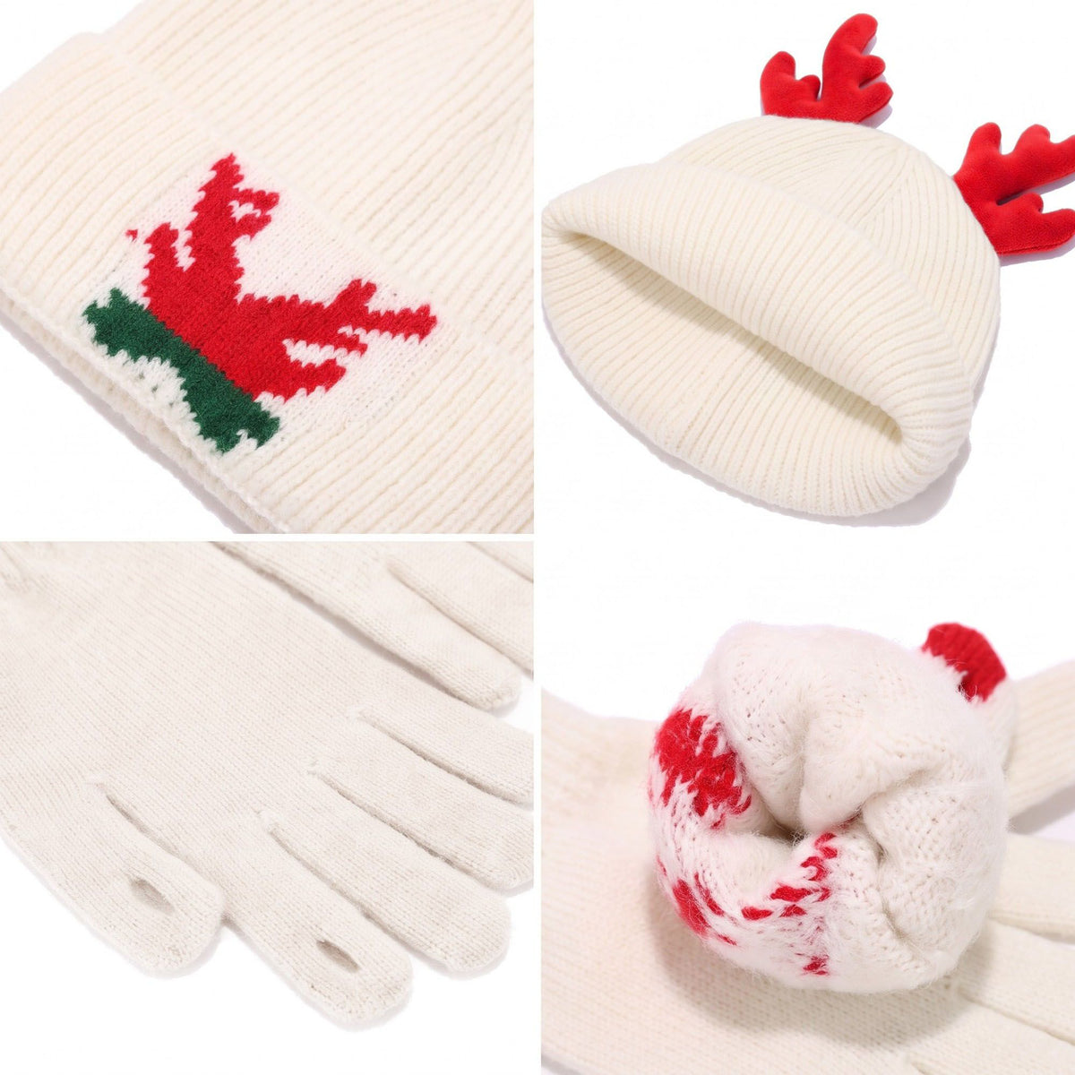 3 Piece Christmas Reindeer Antler Beanie Scarf and Gloves Set