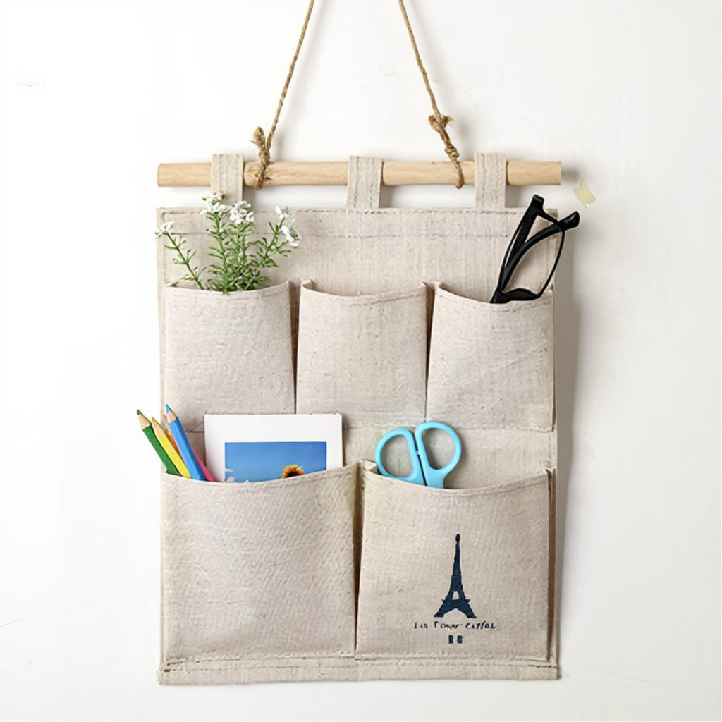 Hanging Wall Organizer with Eiffel Tower Print and Five Canvas Storage Pockets 12.5x9.5 in