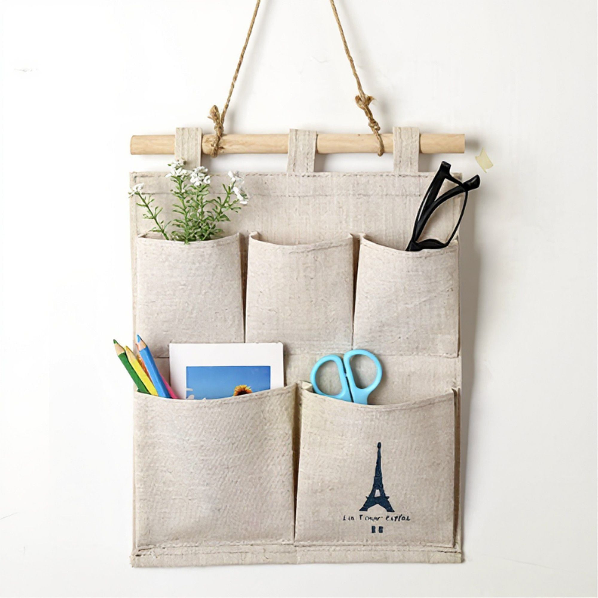 Hanging Wall Organizer with Eiffel Tower Print and Five Canvas Storage Pockets 12.5x9.5 in