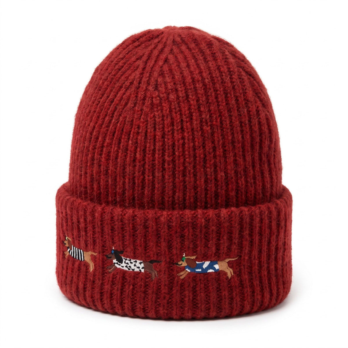 Embroidered Dachshund Knit Beanie Ribbed Cuff Winter Hat