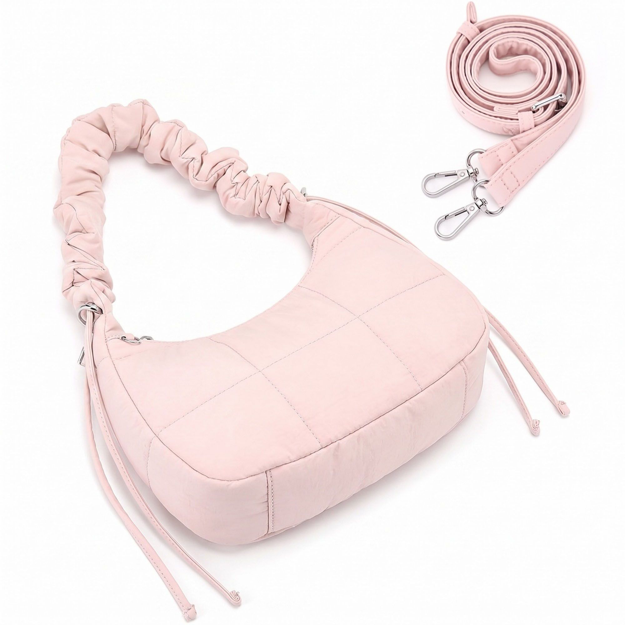 Quilted Crescent Shoulder Bag with Ruched Handle and Detachable Crossbody Strap 10.5x4x6in