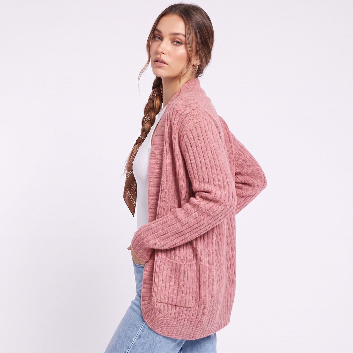 Open Front Ribbed Knit Cardigan with Pockets