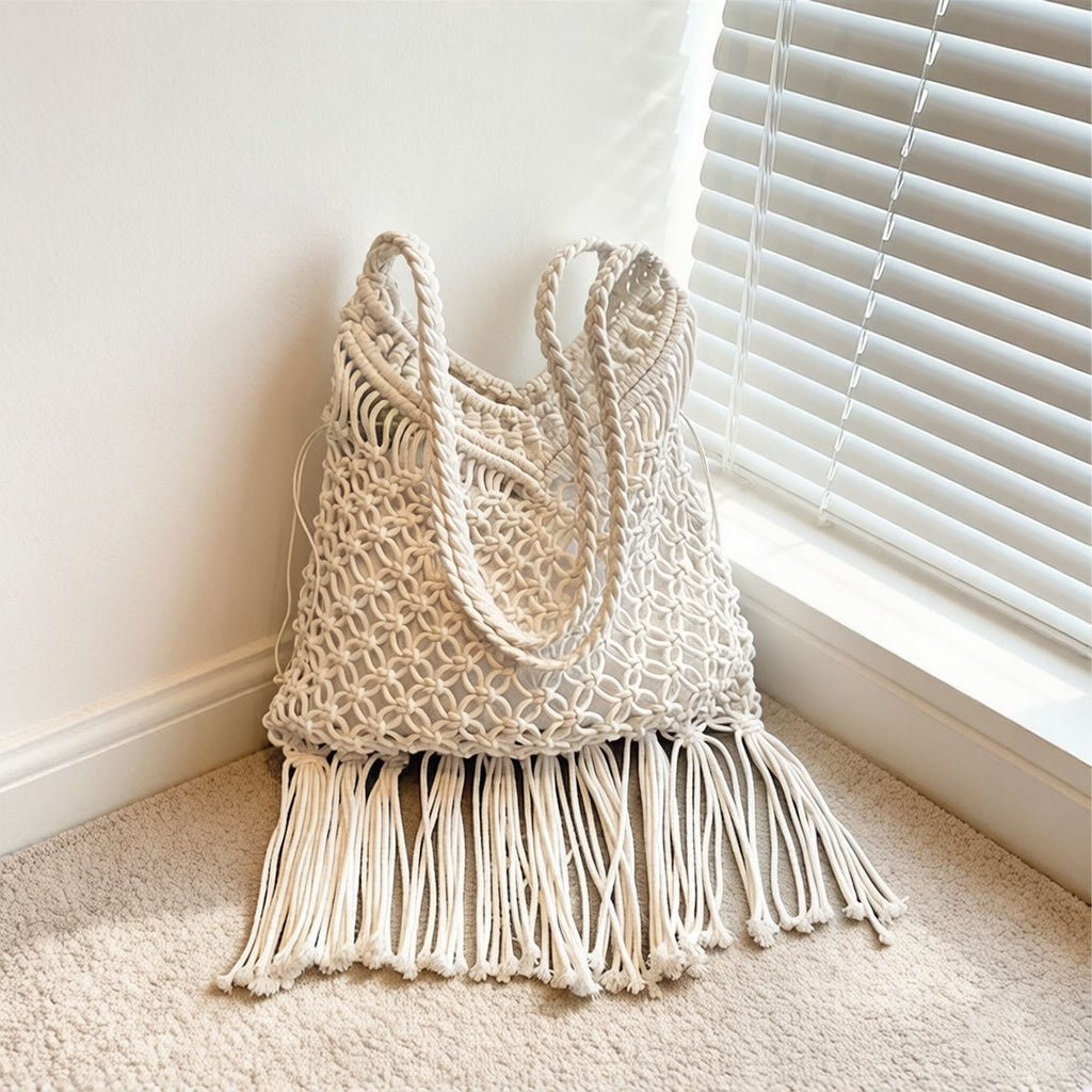 Crochet Fringe Shoulder Bag Open Knit Boho Tassel Handbag Lightweight Woven Crossbody Tote