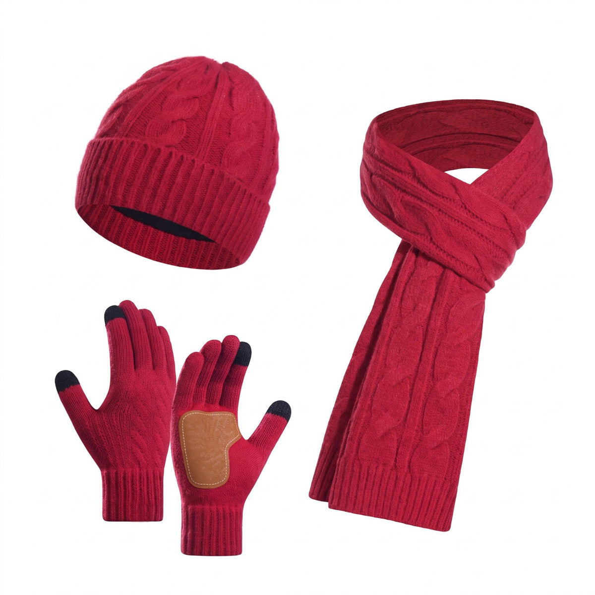 3 Piece Cable Knit Beanie Scarf and Touchscreen Gloves Set