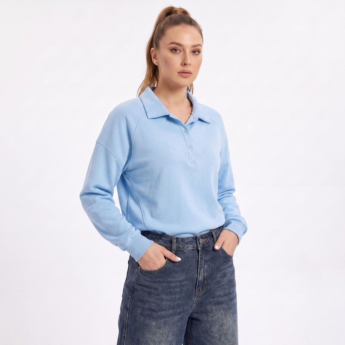Long Sleeve Polo Sweatshirt with Snap Button Placket