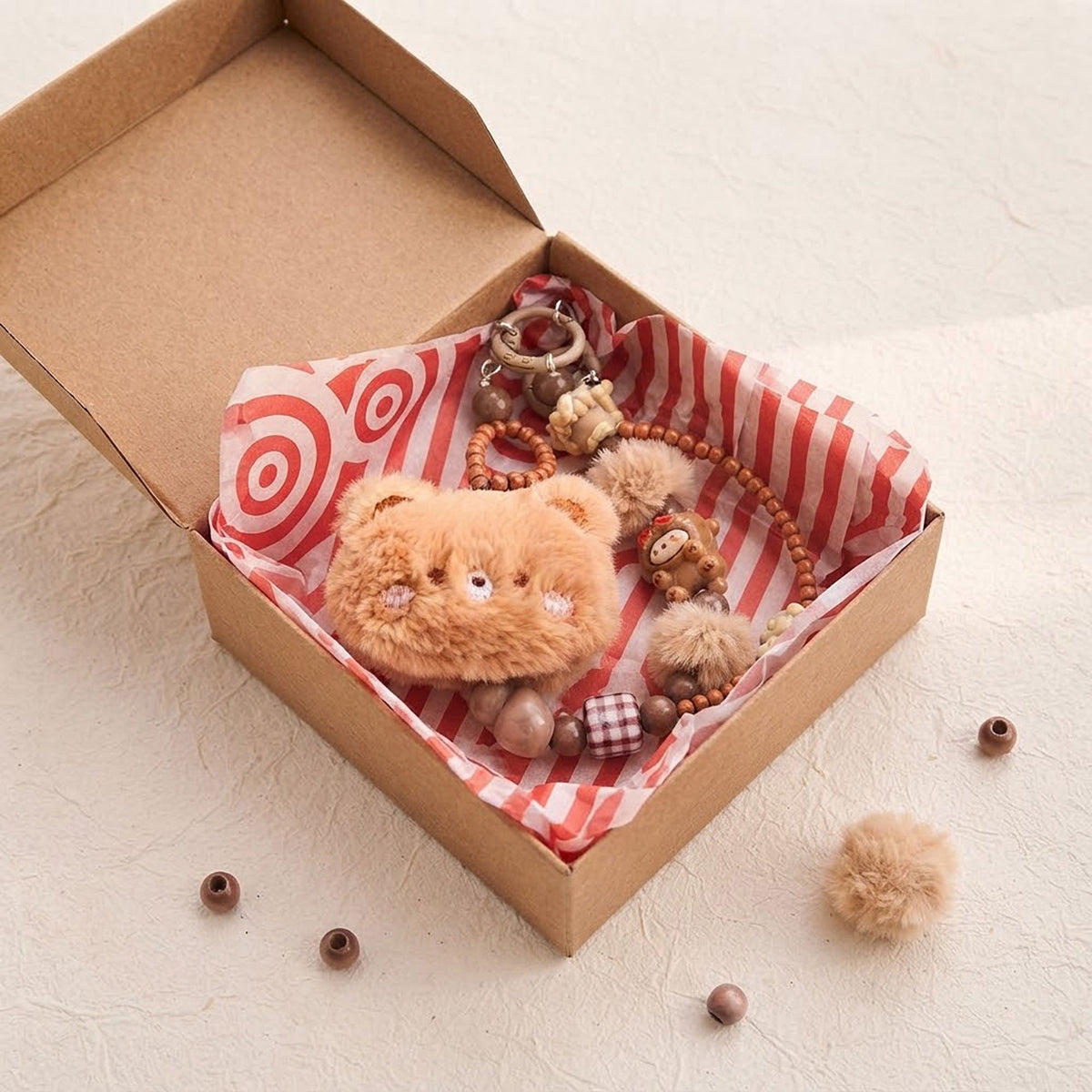 Cute Cartoon Animal Beaded Keychain Plush Toy Bag Charm Set