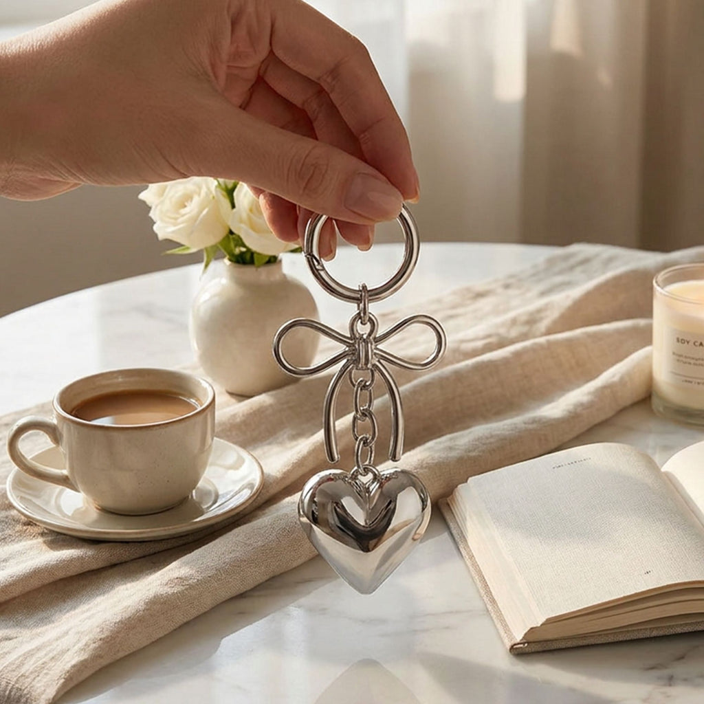 2 Pack Metal Heart Keychain with Bow Accent Clip and Polished Bag Charm Pendant