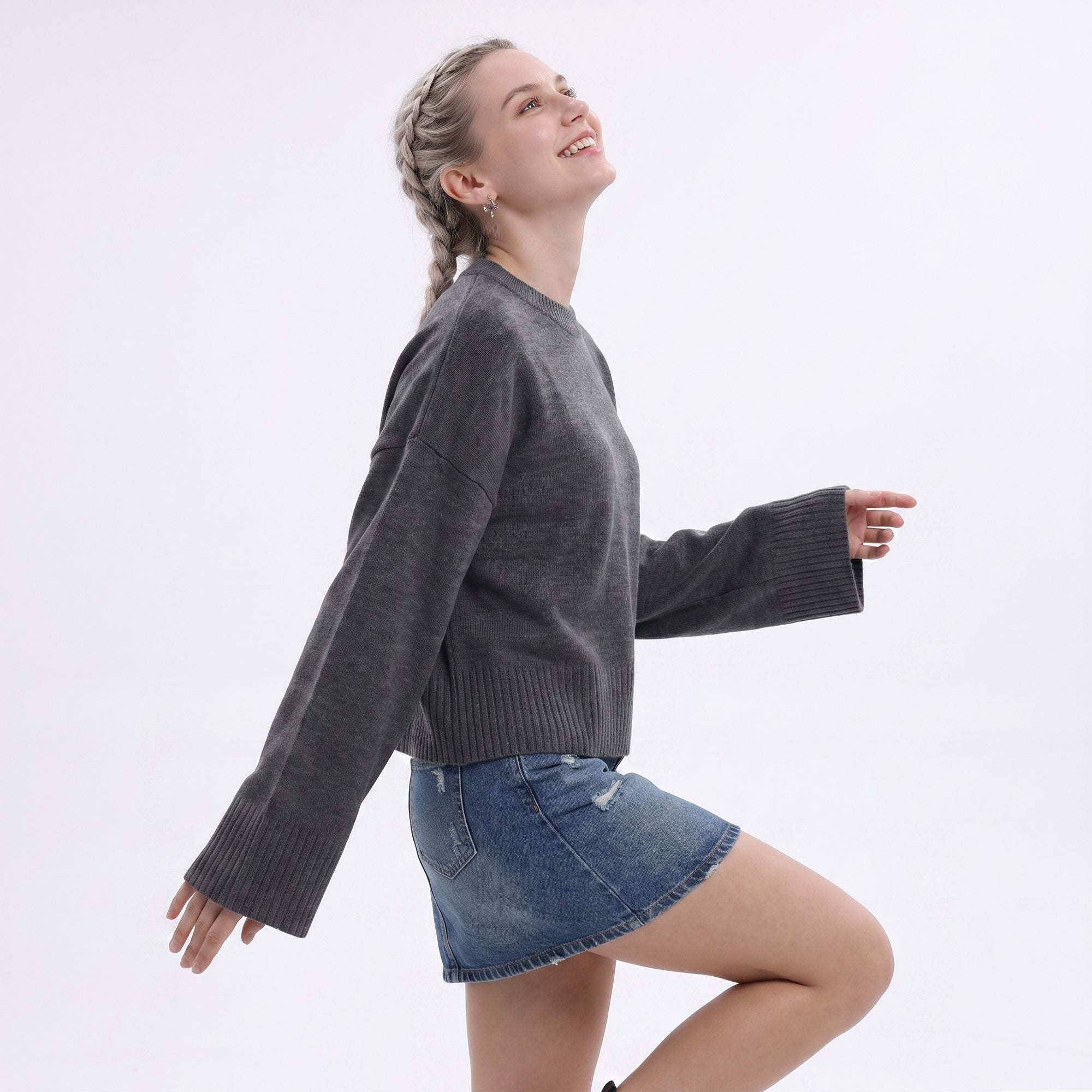 Oversized Crewneck Knit Sweater with Flared Sleeves