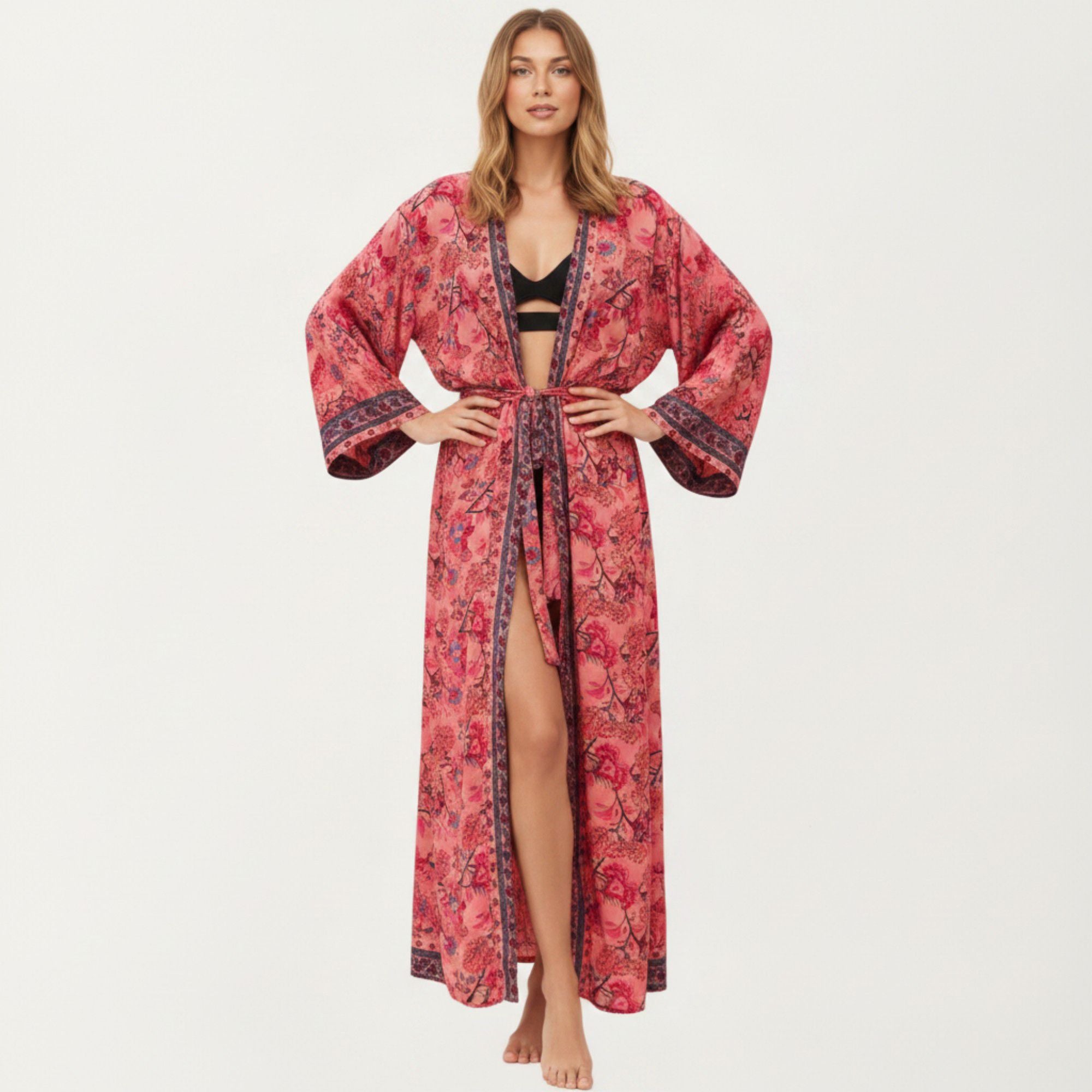 Anna-Kaci Women's Floral Paisley Maxi Dress with Long Sleeves Adjustable Waist Tie and Flowing Relaxed Fit