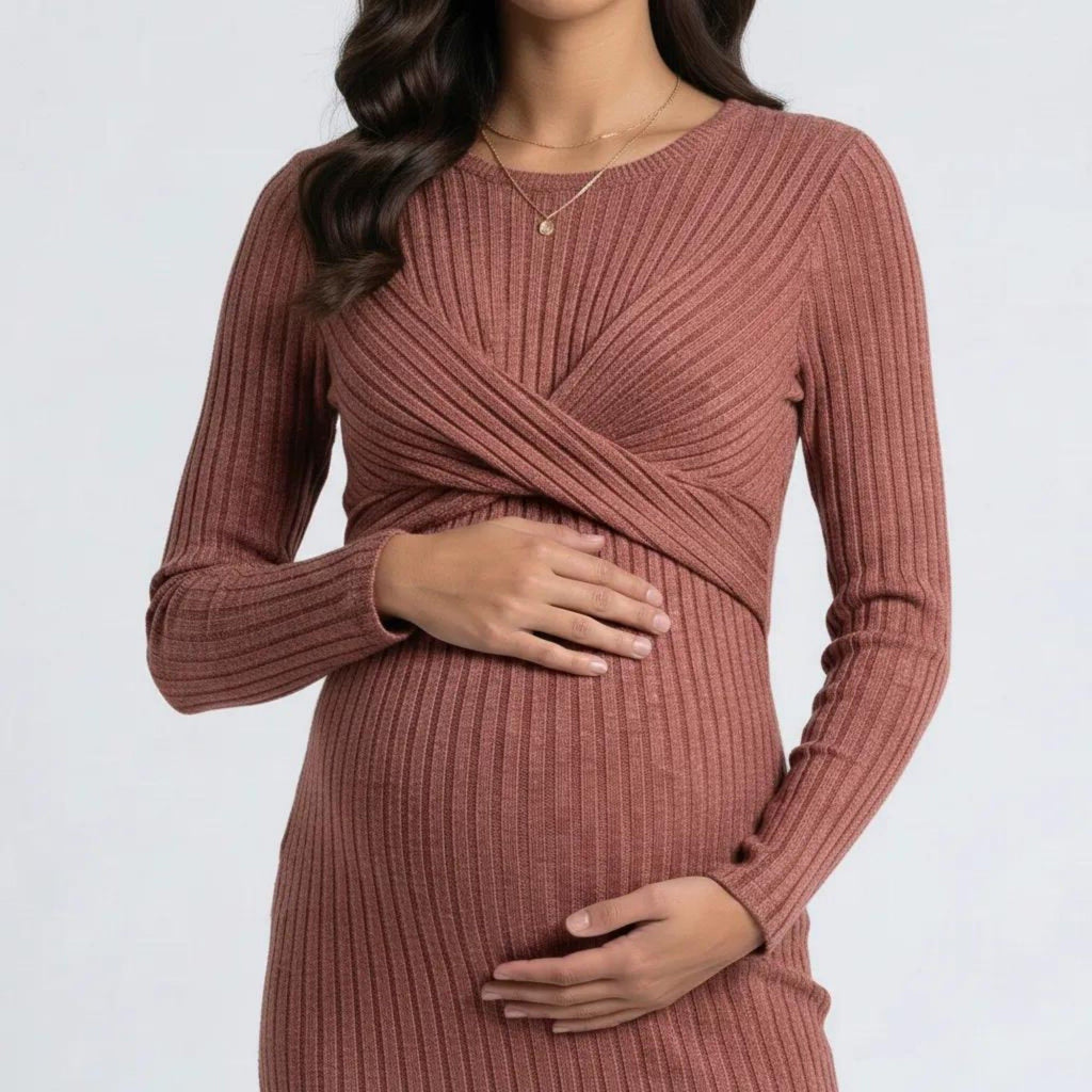 Anna-Kaci Women's Ribbed Knit Bodycon Maternity Dress - Long Sleeve Twist Front Stretch Midi