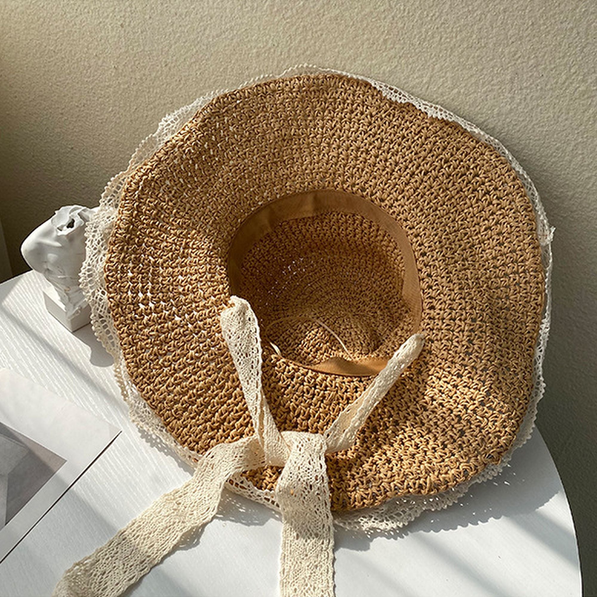 Anna-Kaci Women's Crochet Straw Sun Hat with Lace Trim & Bow