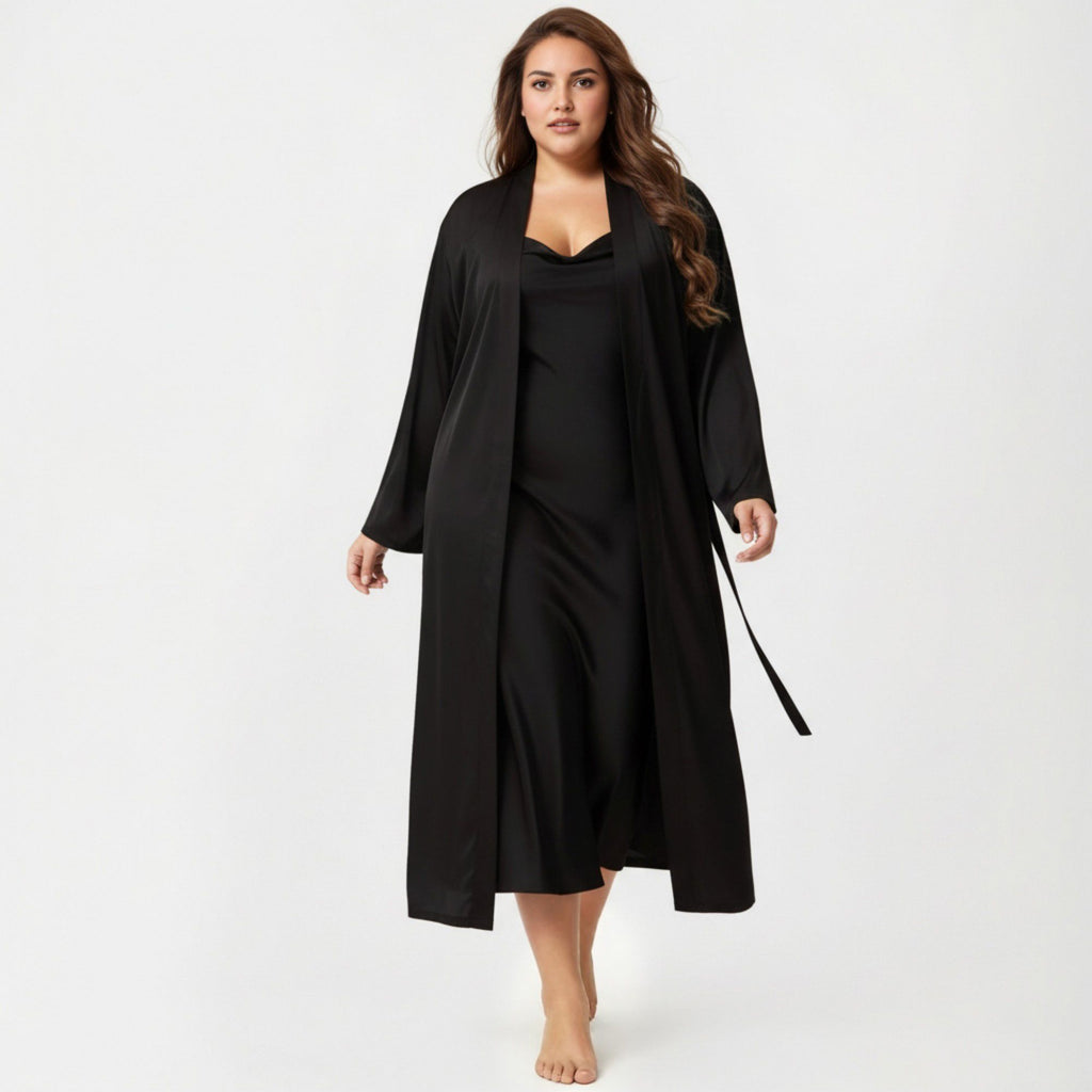 Anna-Kaci Lounge Women's Plus Size 2-Piece Satin Nightgown Set with Long Sleeve Open Front Robe Sleeveless Slip Dress Sleepwear