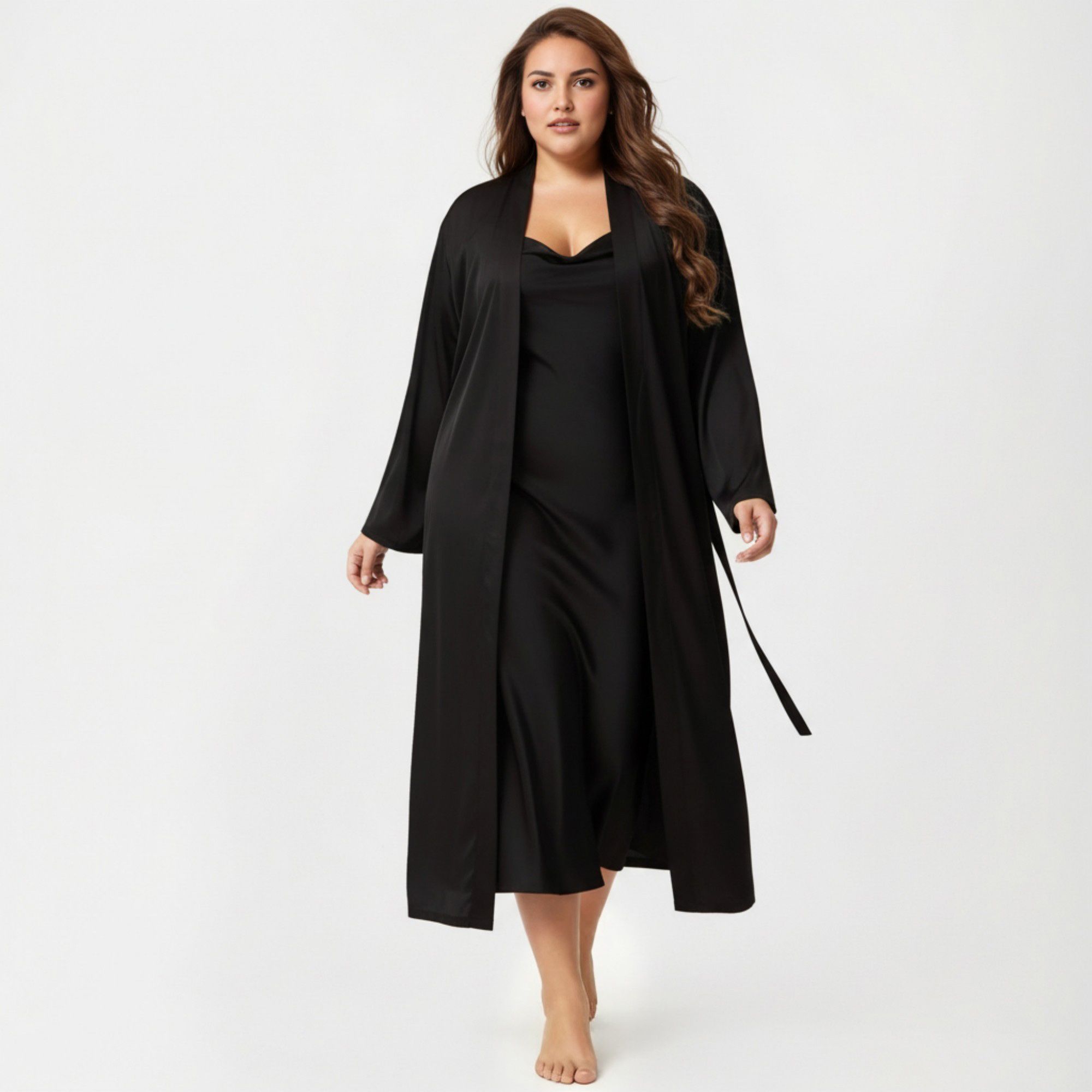 Anna-Kaci Lounge Women's Plus Size 2-Piece Satin Nightgown Set with Long Sleeve Open Front Robe Sleeveless Slip Dress Sleepwear