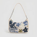 Floral Embroidered Shoulder Bag with Sequin Accents Chain Strap Detail Crescent Handbag 10x5x2.5 in