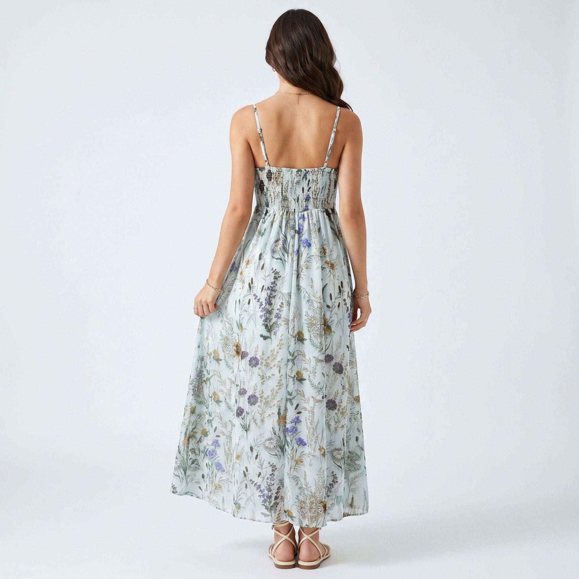 Anna-Kaci Women's Floral Print Tie Front Maxi Dress with Spaghetti Straps and Flowy Skirt