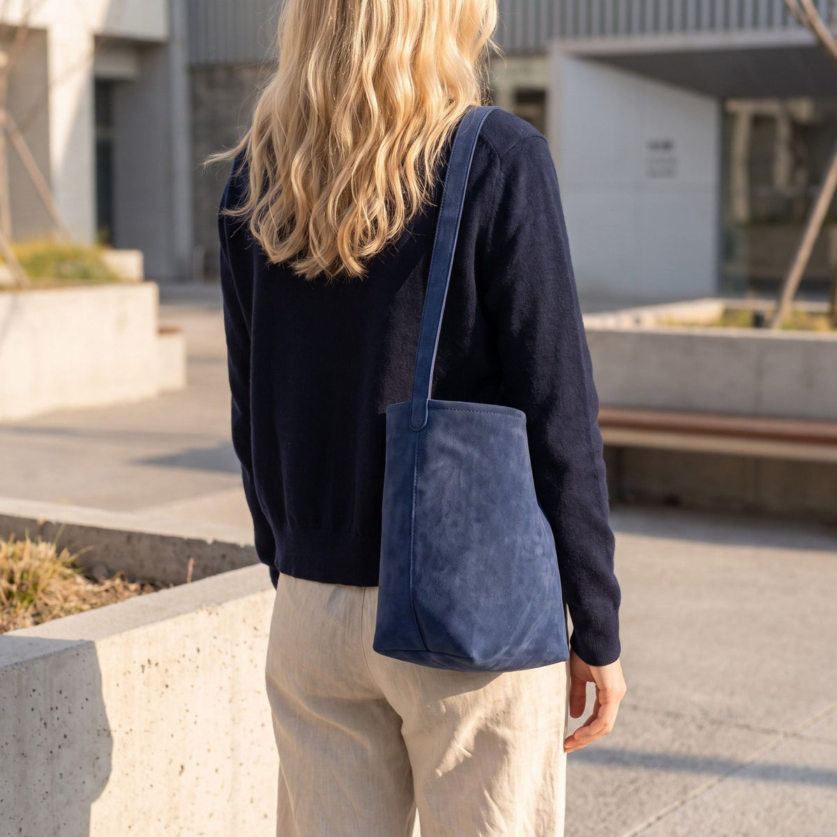 Faux Suede Bucket Shoulder Bag with Drawstring Pouch