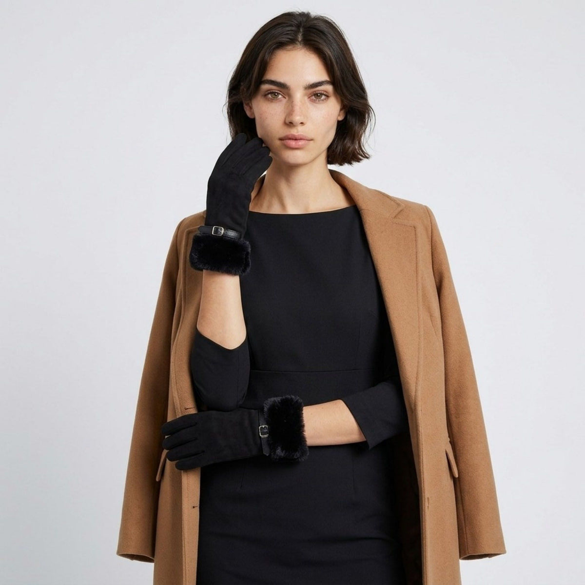 Faux Suede Gloves with Faux Fur Cuff and Buckle Detail 9.9 x 3.9in