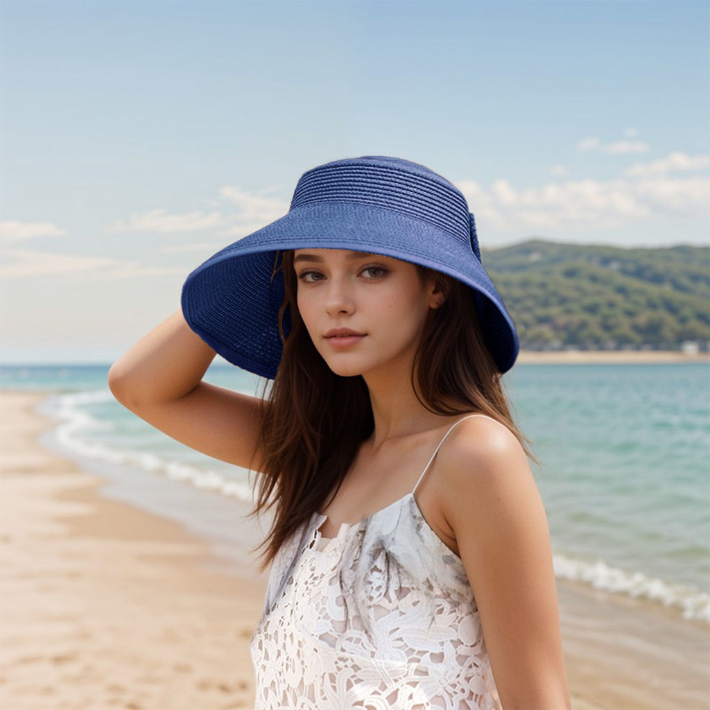 Anna-Kaci Women's Wide Brim Visor Hat with Bow Detail Adjustable Velcro Closure for Beach or Outdoor Protection