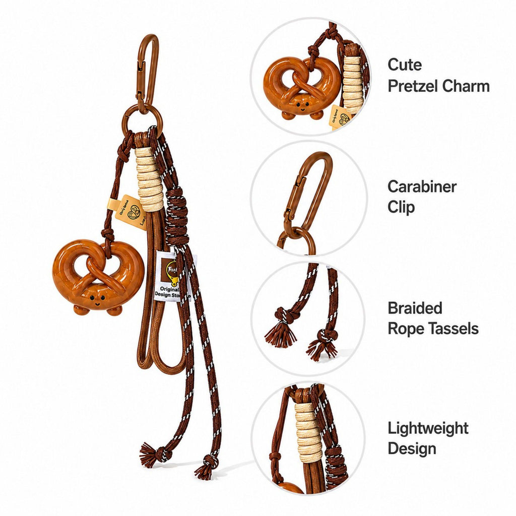 Pretzel Keychain Bag Charm with Brown Cord Tassel Carabiner Clip and Gold Tone Accent
