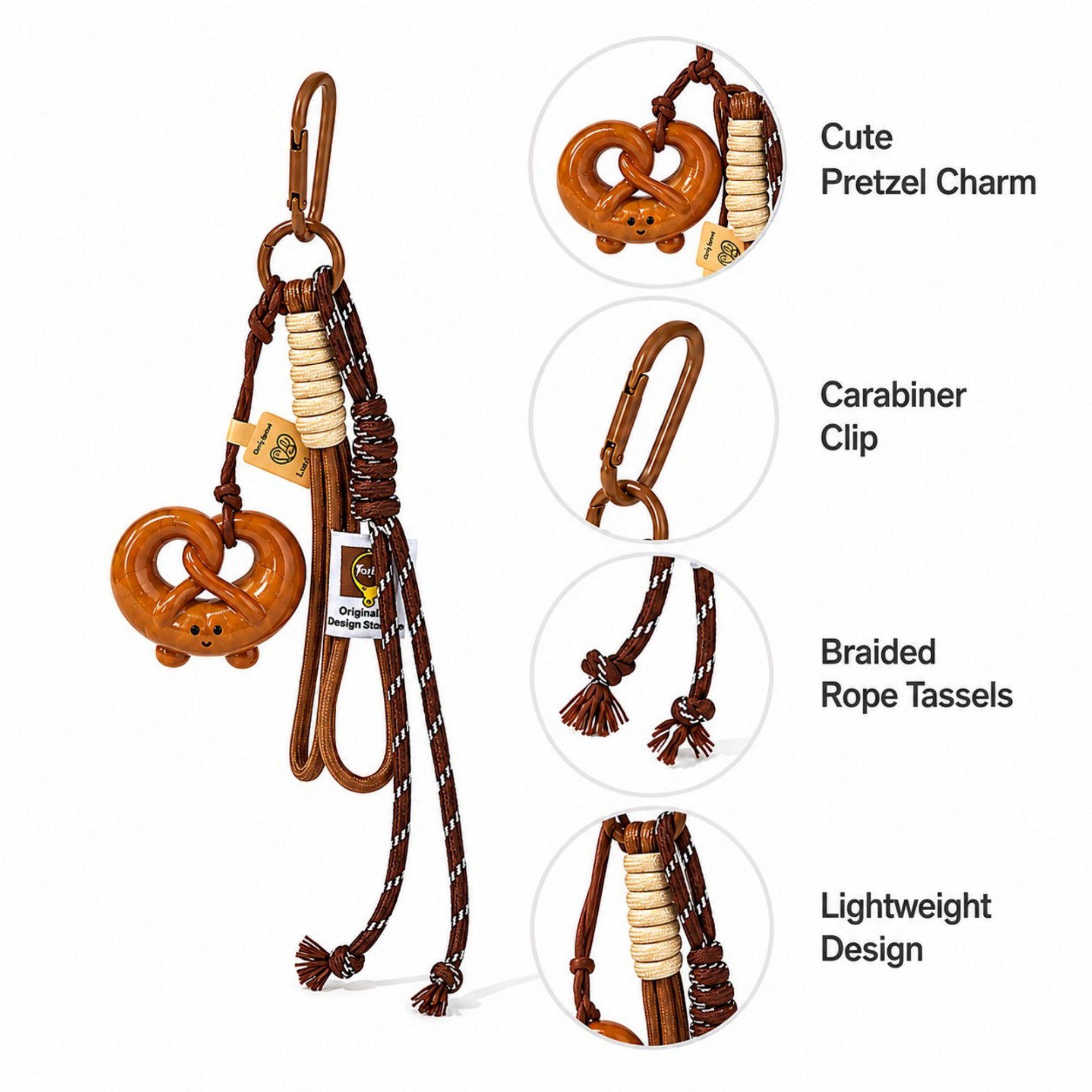Pretzel Keychain Bag Charm with Brown Cord Tassel Carabiner Clip and Gold Tone Accent