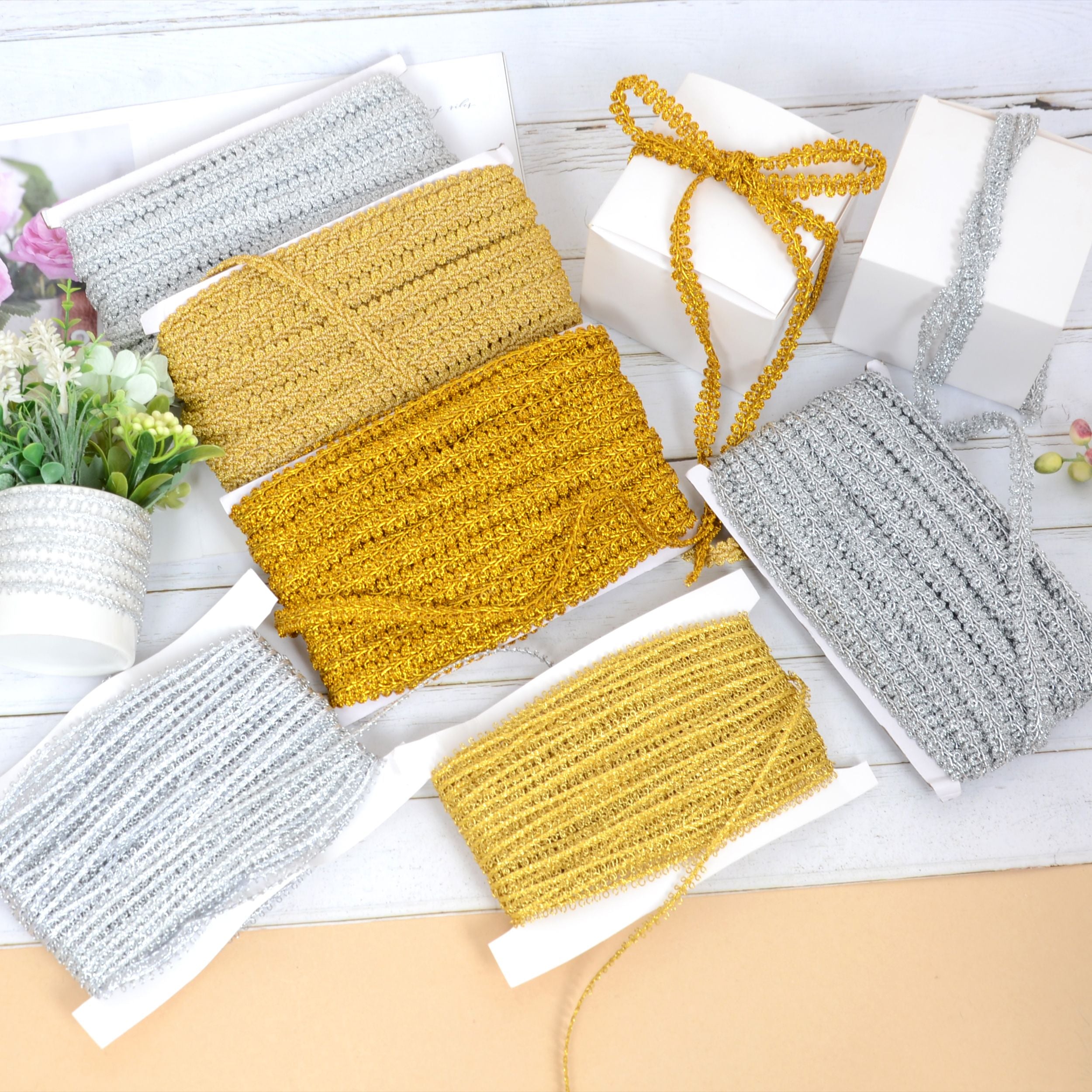 Gimp Braid Trim, 27 Yards Gold and Silver Metallic Edge Woven Trim, Curtain Slipcover Costume Decoration Sewing DIY Craft