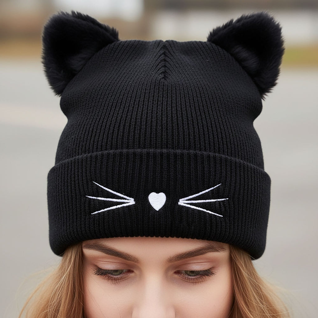 Anna-Kaci Women's Cat Ear Knit Beanie - Faux Fur Ears with Valentine Heart Whisker Embroidery for Cute Casual Winter Wear