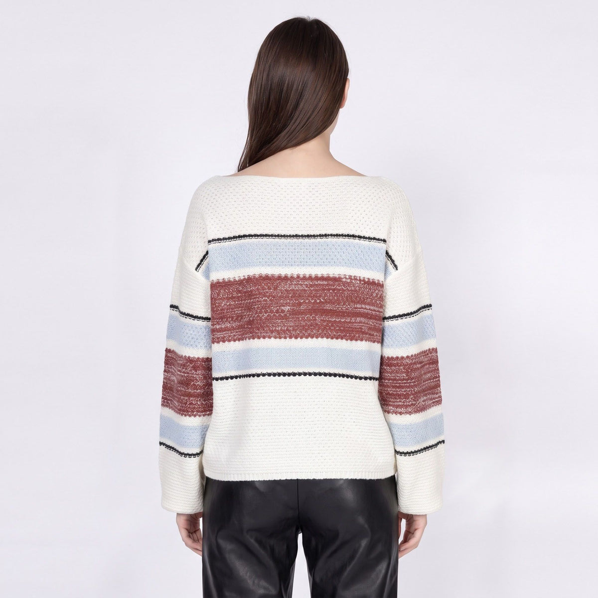 Striped Boat Neck Open Knit Pullover Sweater
