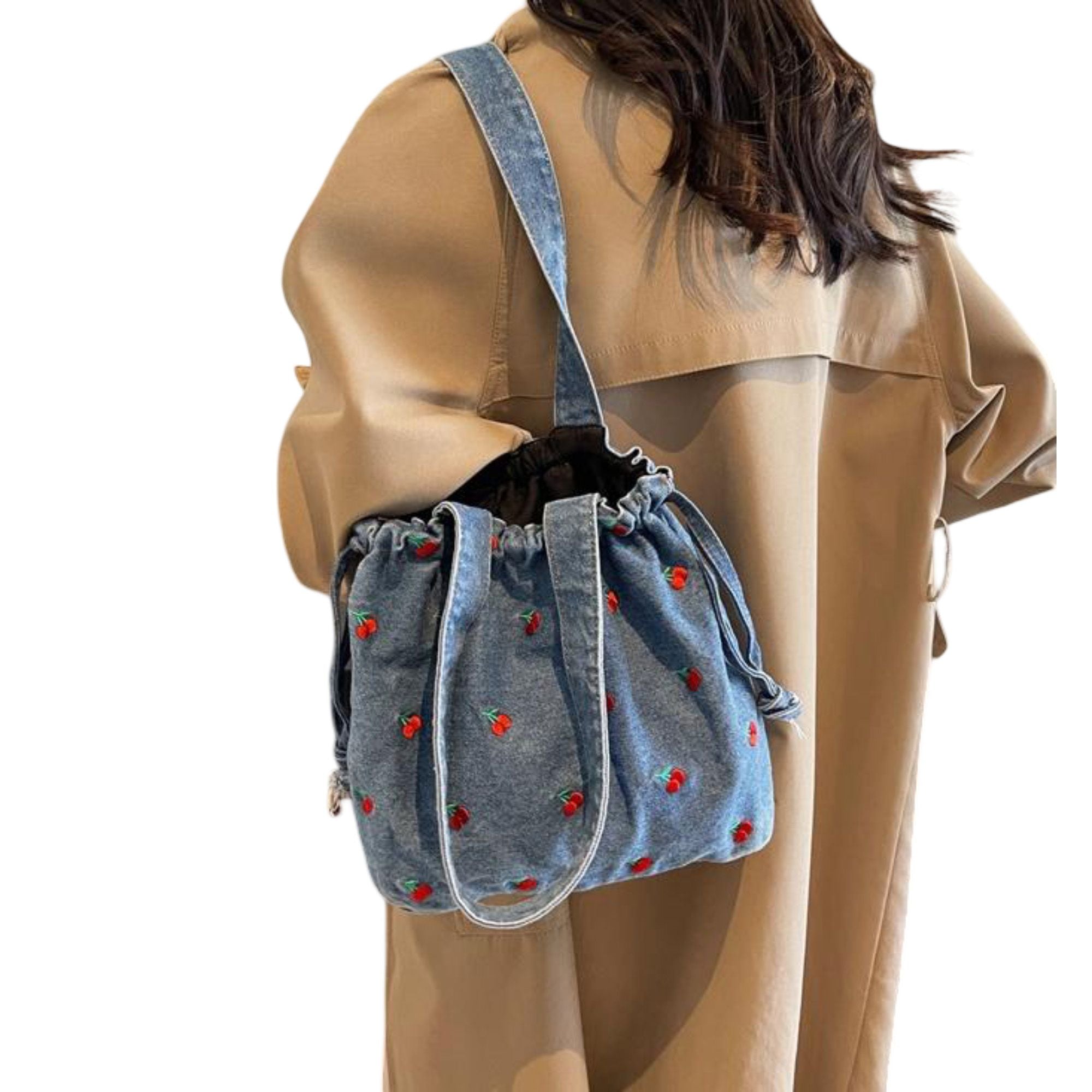 Embroidered Cherry Denim Drawstring Bag with Fixed Shoulder Strap
