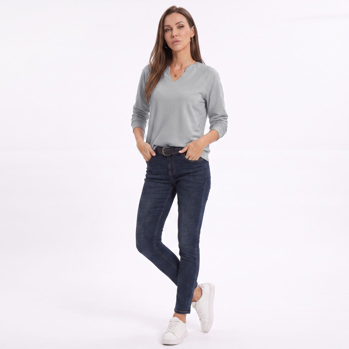 Long Sleeve V-Neck Sweatshirt with Raglan Sleeves