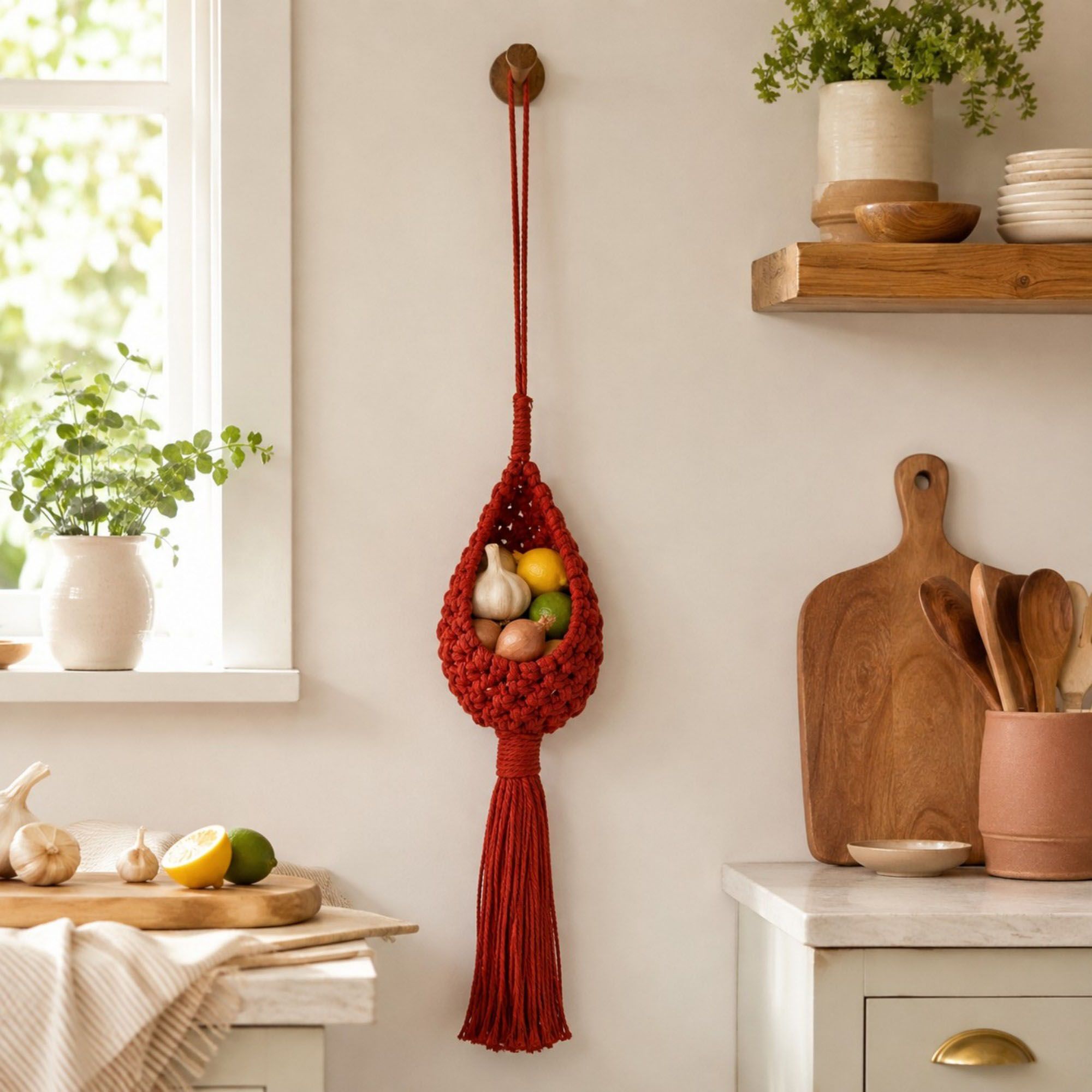 Macrame Hanging Basket with Wood Ring Tassel for Plant and Home Storage