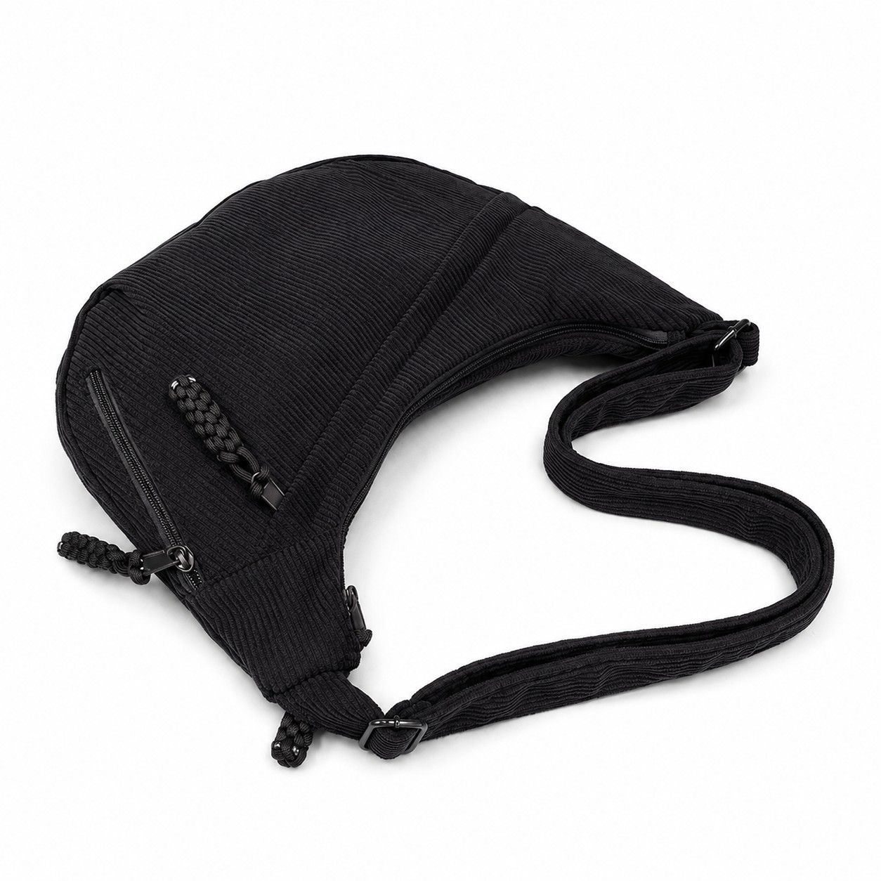 Corduroy Crescent Crossbody Bag with Adjustable Strap and Zip Pockets