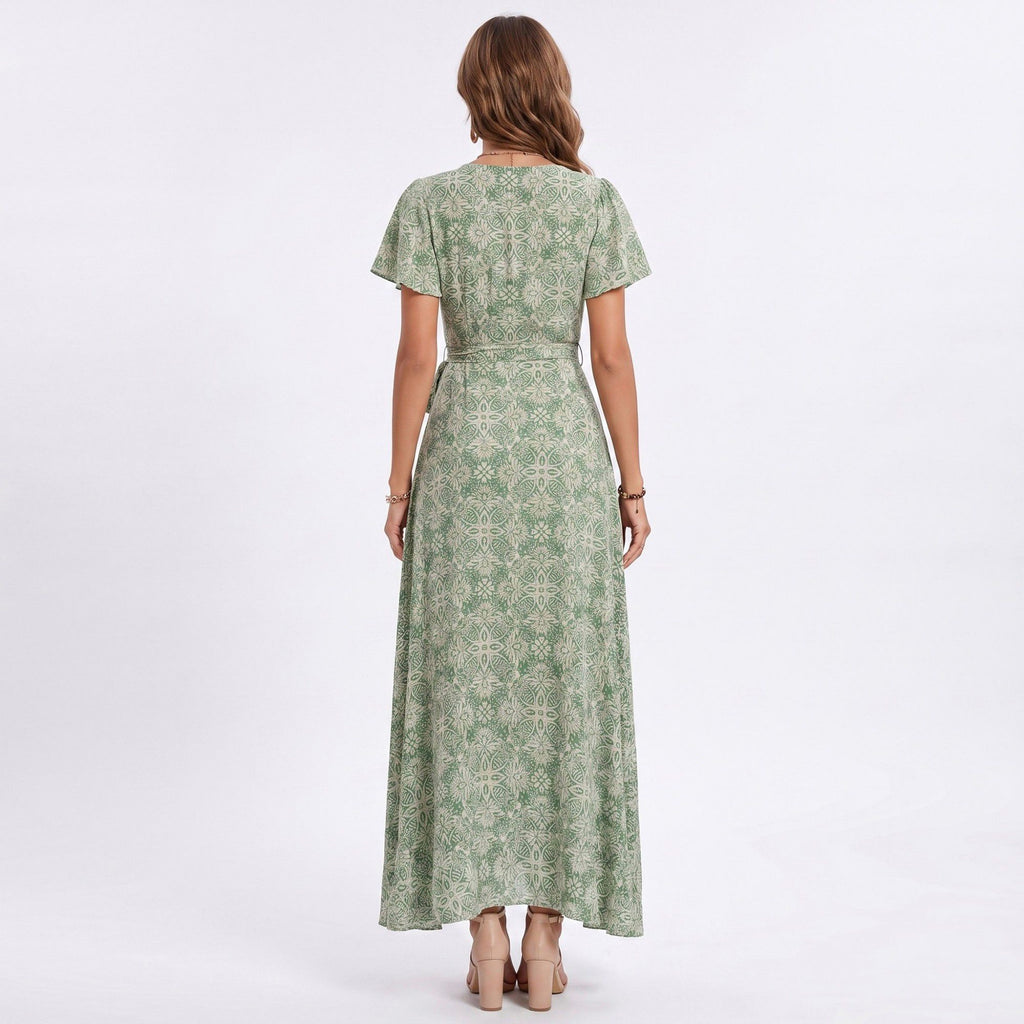 Floral Print Wrap Maxi Dress with V Neck Short Flutter Sleeves Tie Waist and Front Slit