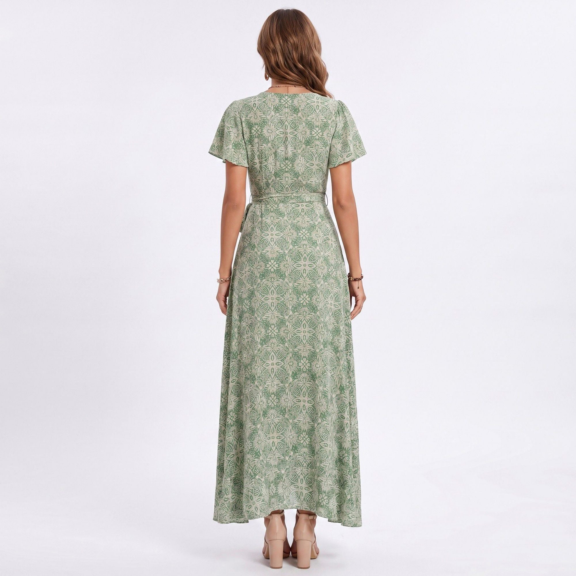 Floral Print Wrap Maxi Dress with V Neck Short Flutter Sleeves Tie Waist and Front Slit