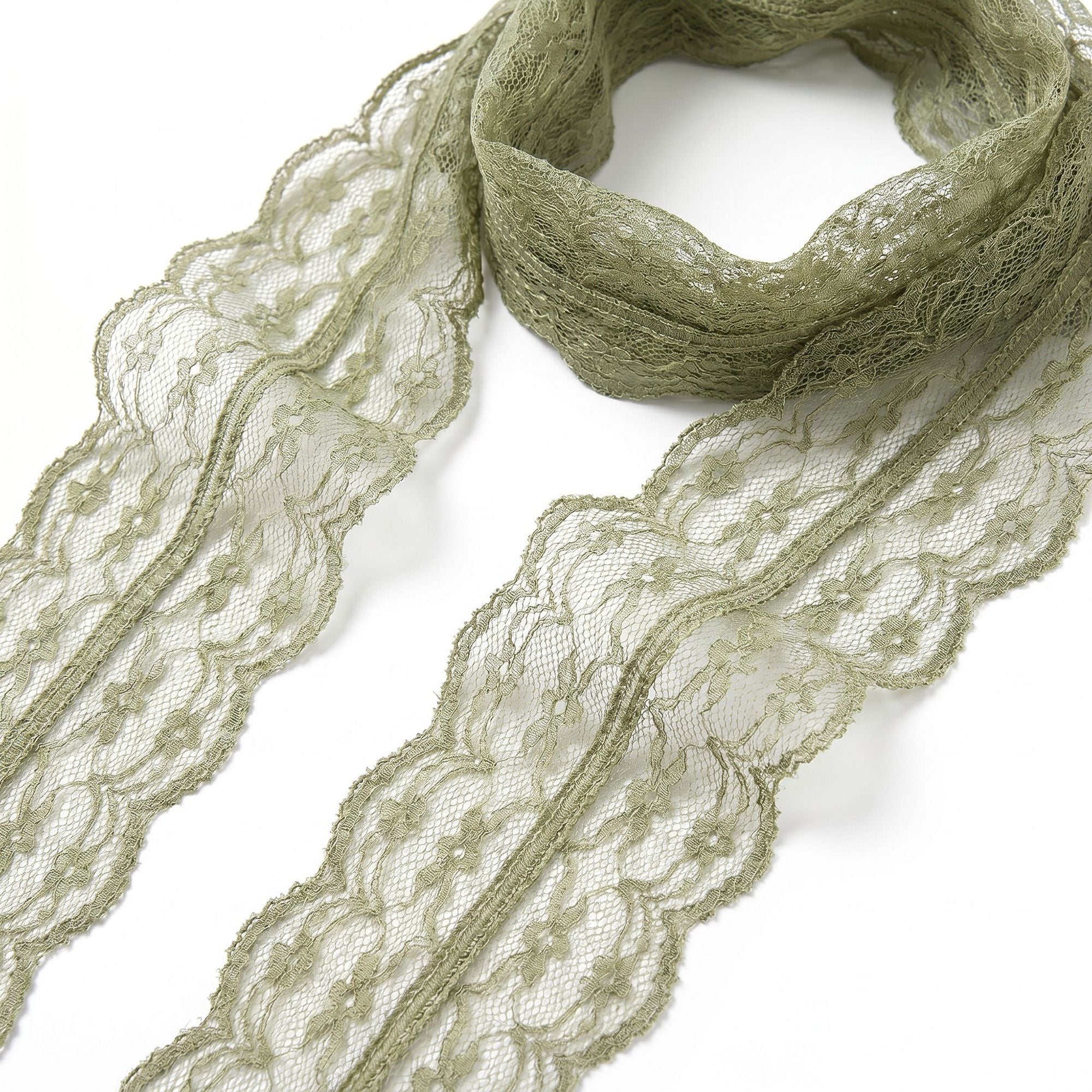 Sheer Lace Skinny Scarf with Scalloped Edges and Long Narrow Neck Tie Design