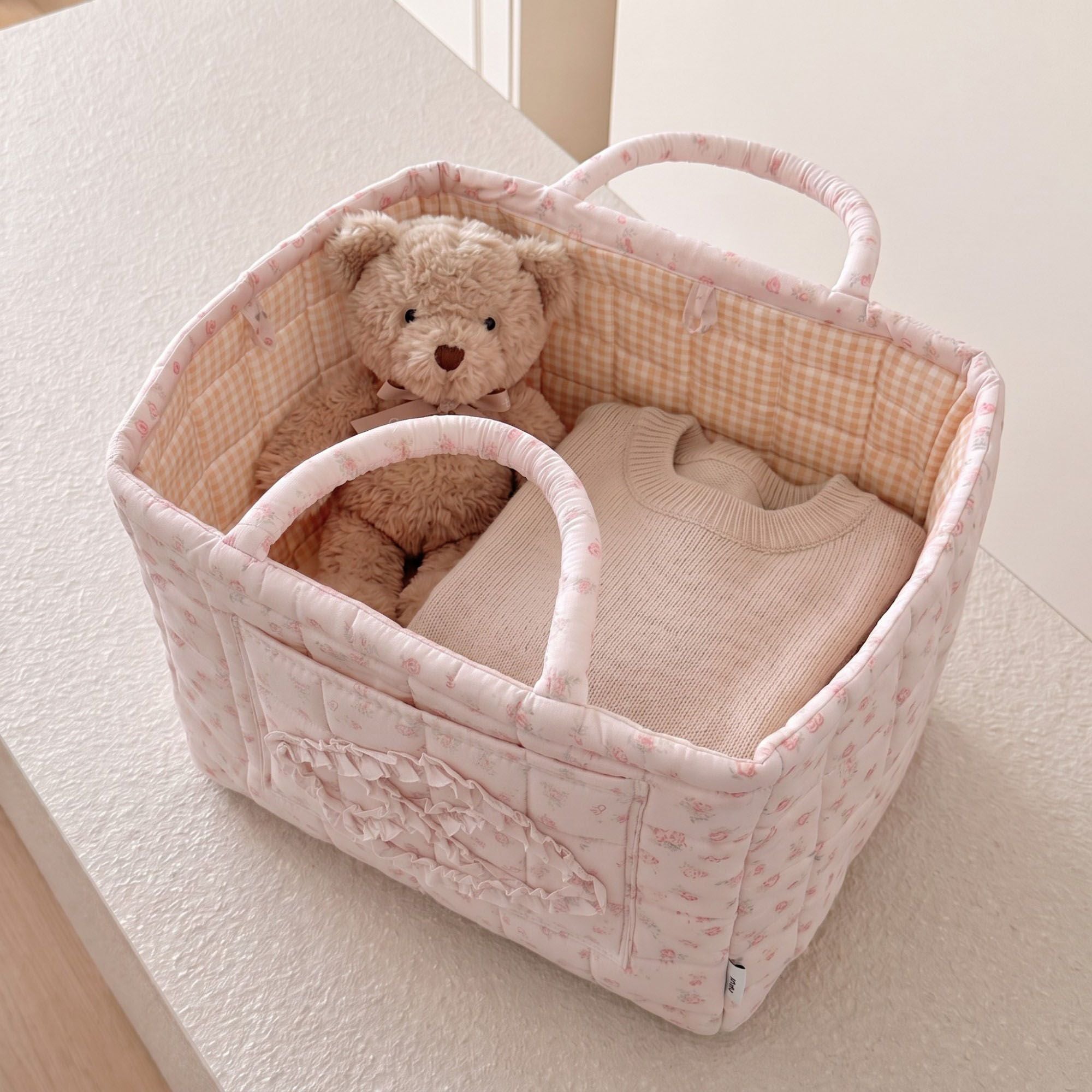 Floral Quilted Fabric Storage Tote with Handles and Pocket
