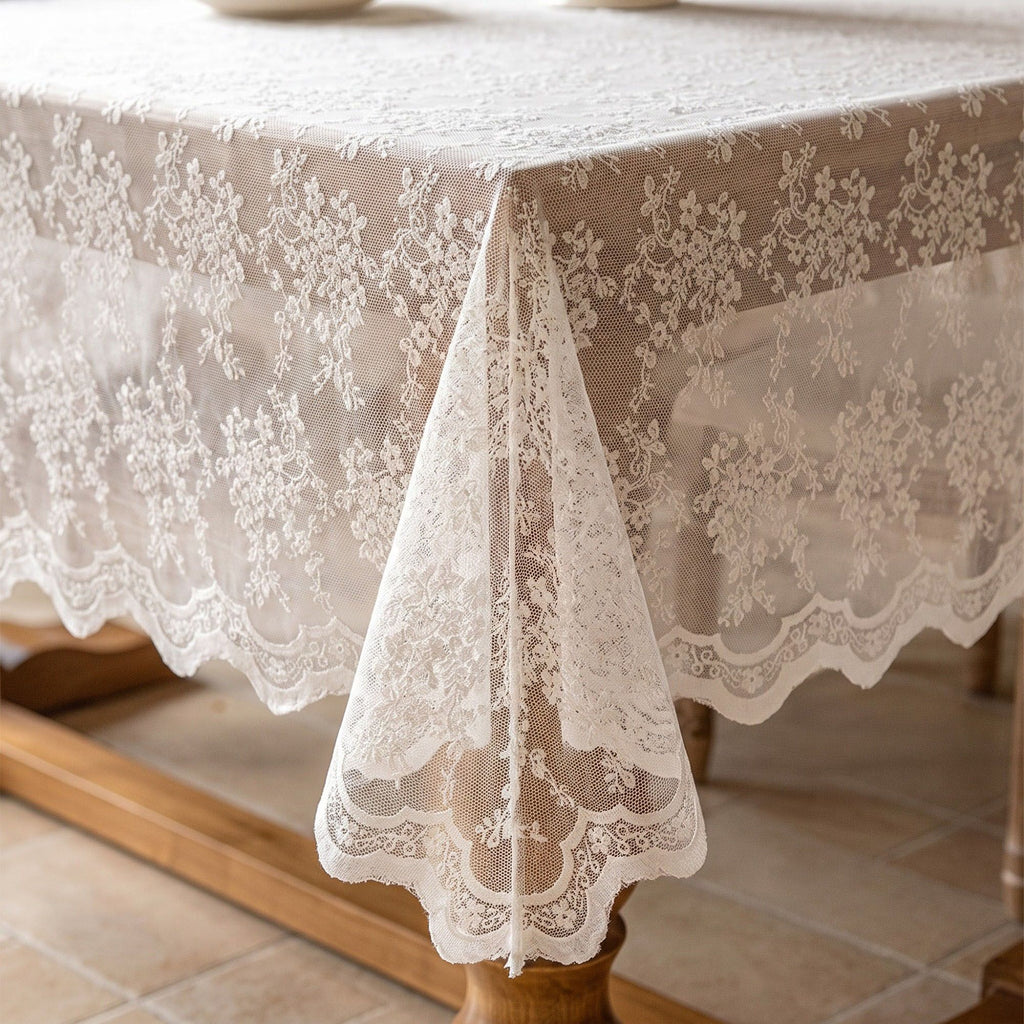 Off White Floral Lace Square Tablecloth with Scalloped Edges 55.1x55.1in