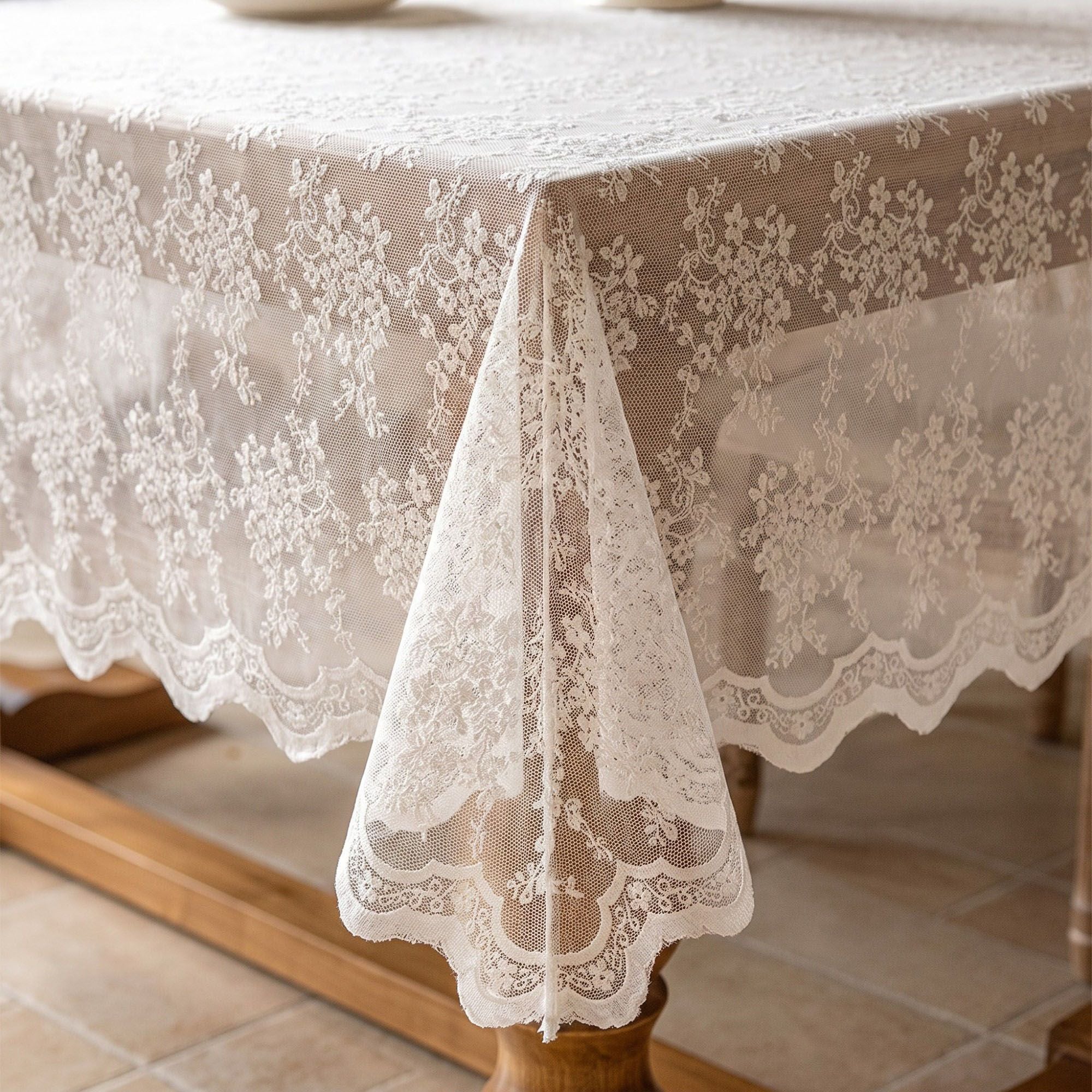 Off White Floral Lace Square Tablecloth with Scalloped Edges 55.1x55.1in